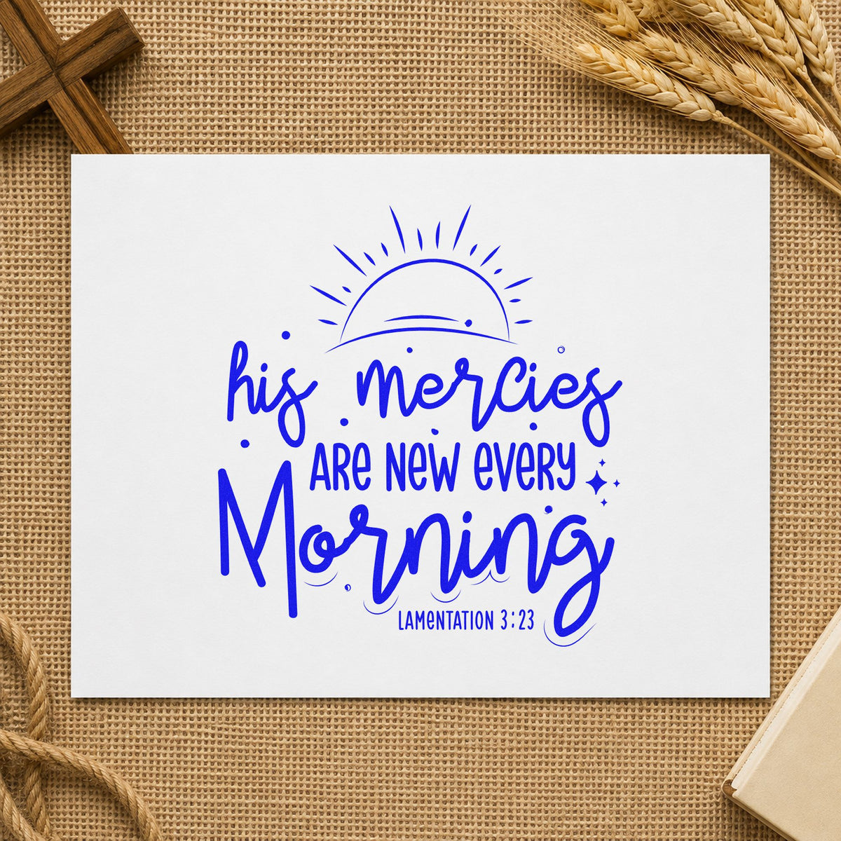 Mercies New Every Morning Sunrise craft stamp in blue ink on cardstock, an easy option for canvas totes.