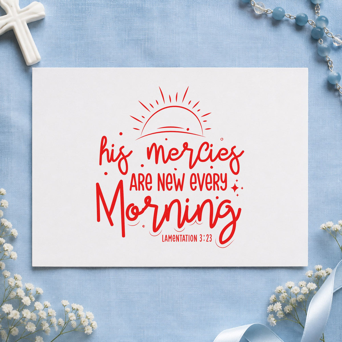 Mercies New Every Morning Sunrise rubber stamp shown in red ink, stamped for projects such as planner daily headers.