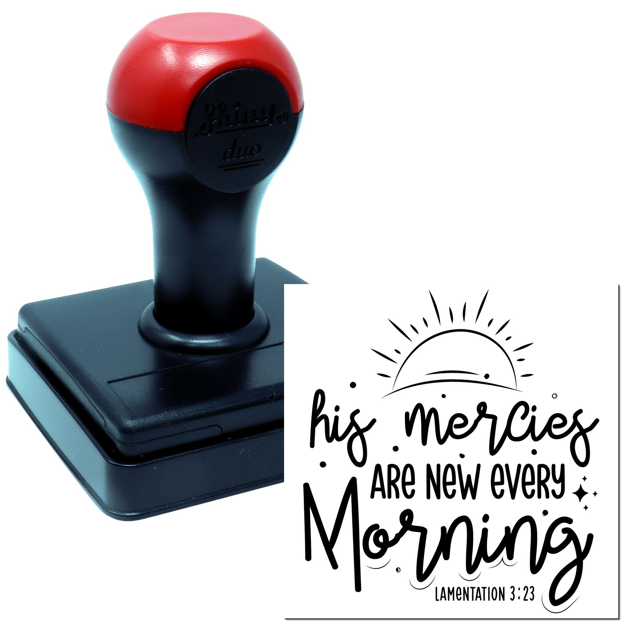 Christian rubber stamp with Bible verse design: His mercies are new every morning from Lamentations 3:23.