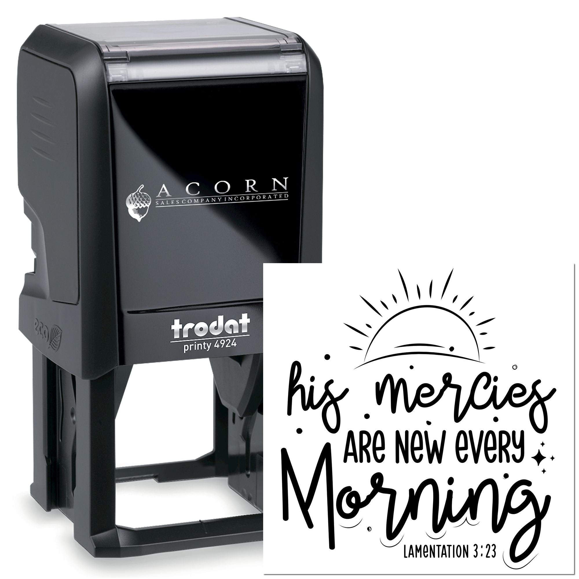 Custom self-inking rubber stamp featuring Bible verse His mercies are new every morning for Christian stationery.