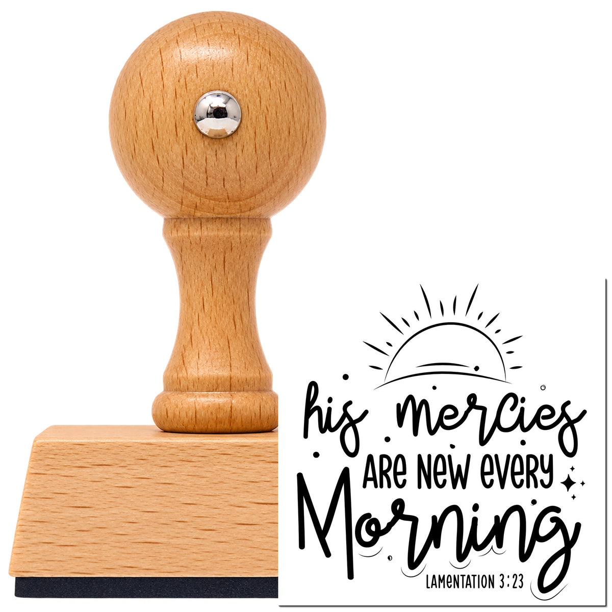 New Morning Mercies Rising Sun Vintage Pro rubber stamp in European beech wood with a round knob handle, shown beside its black imprint.