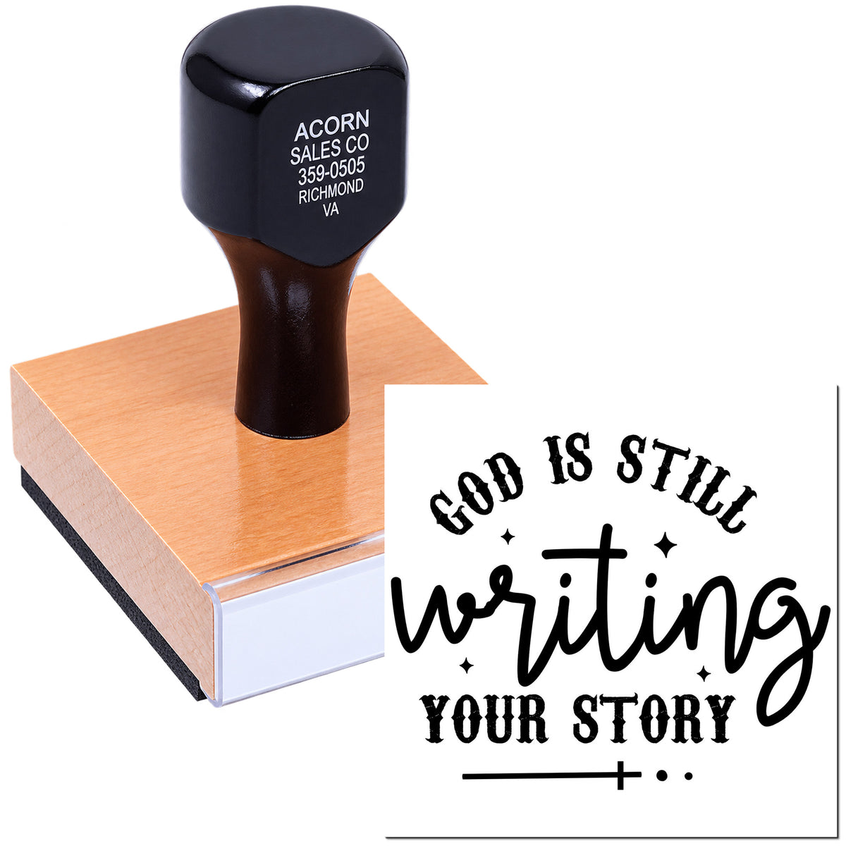Custom rubber stamp with faith quote, God is still writing your story, for journaling, cards, and craft projects.