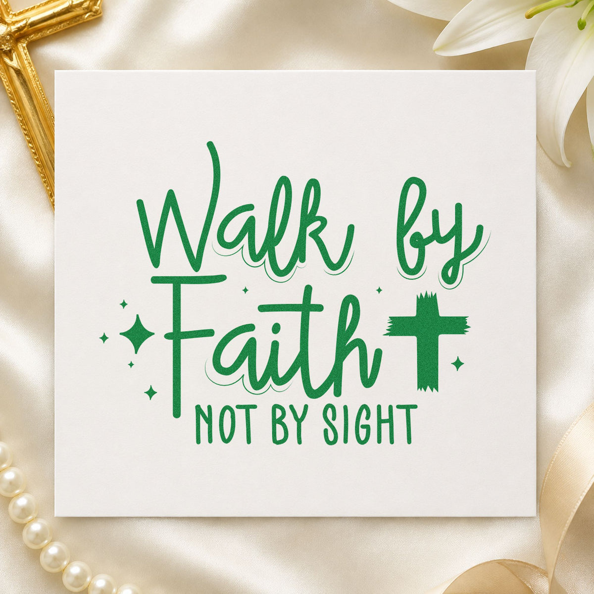 Walk by Faith Cross craft stamp imprint in green ink on a handmade project, one idea being prayer journal covers.