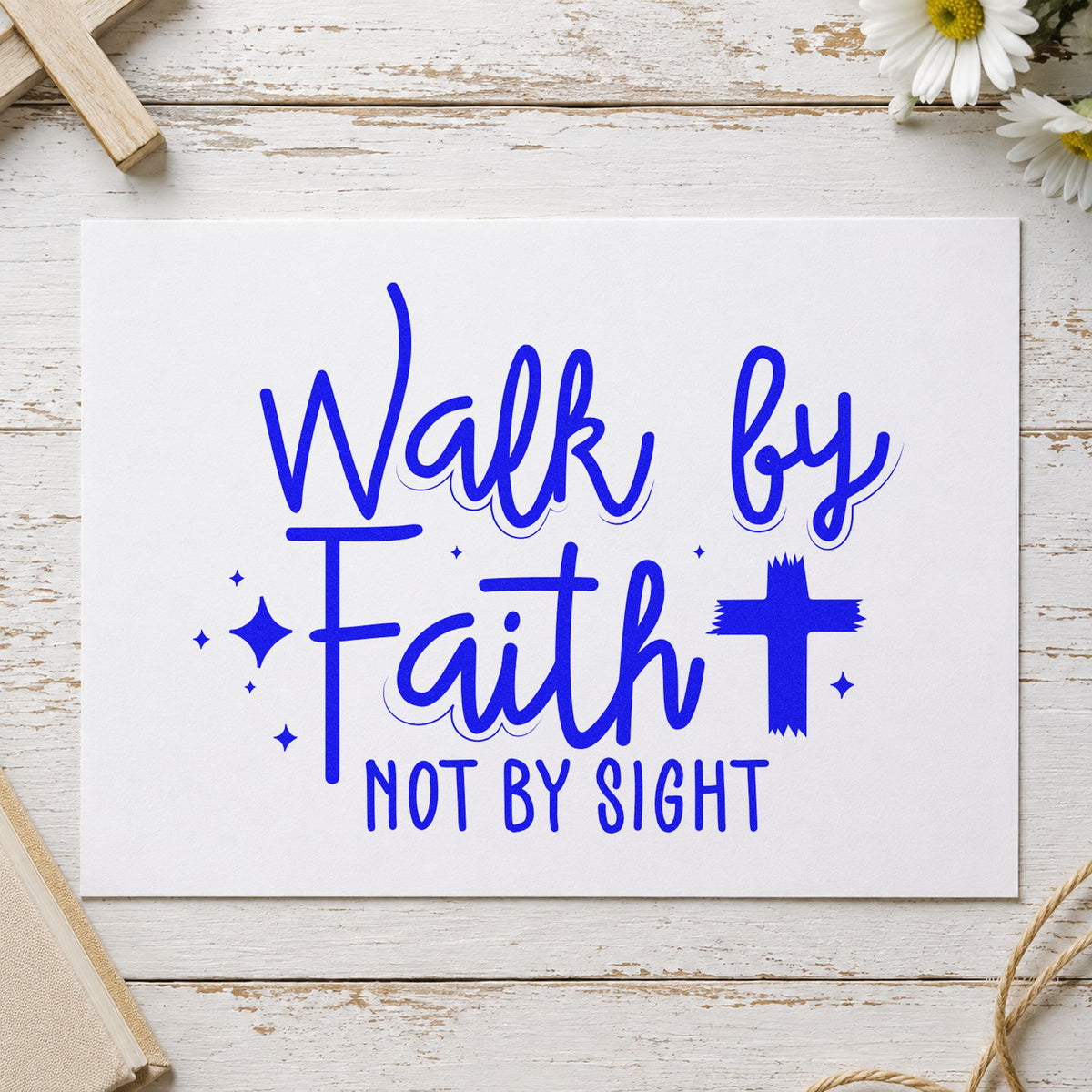 Walk by Faith Cross craft stamp in blue ink on cardstock, an easy option for hiking trail totes.