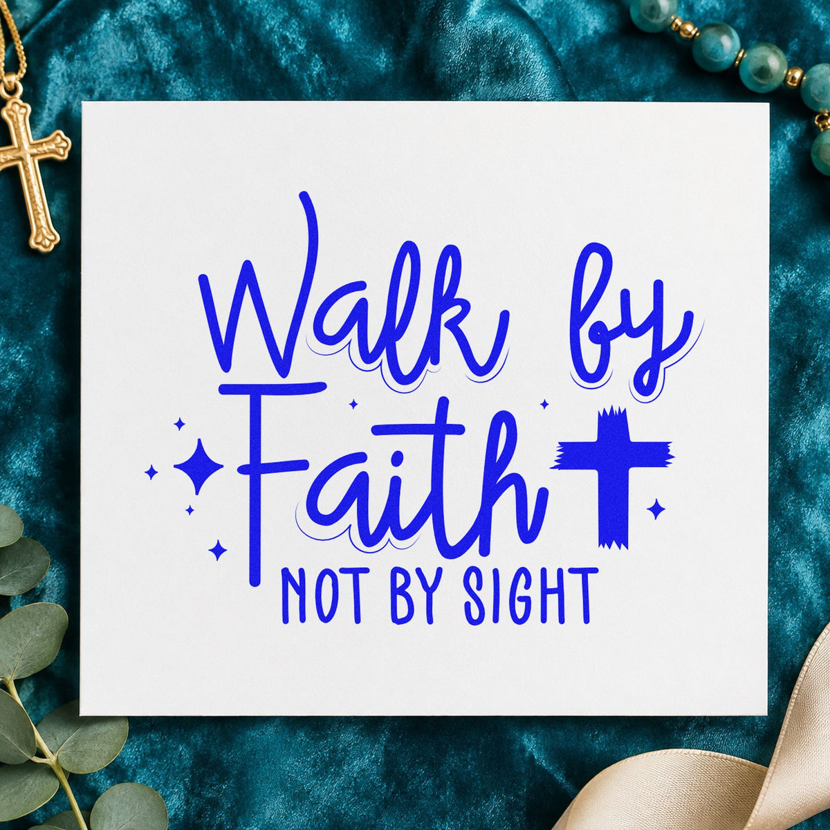 Walk by Faith Cross craft stamp imprinted in blue ink on paper, a design suited to vision board cards.