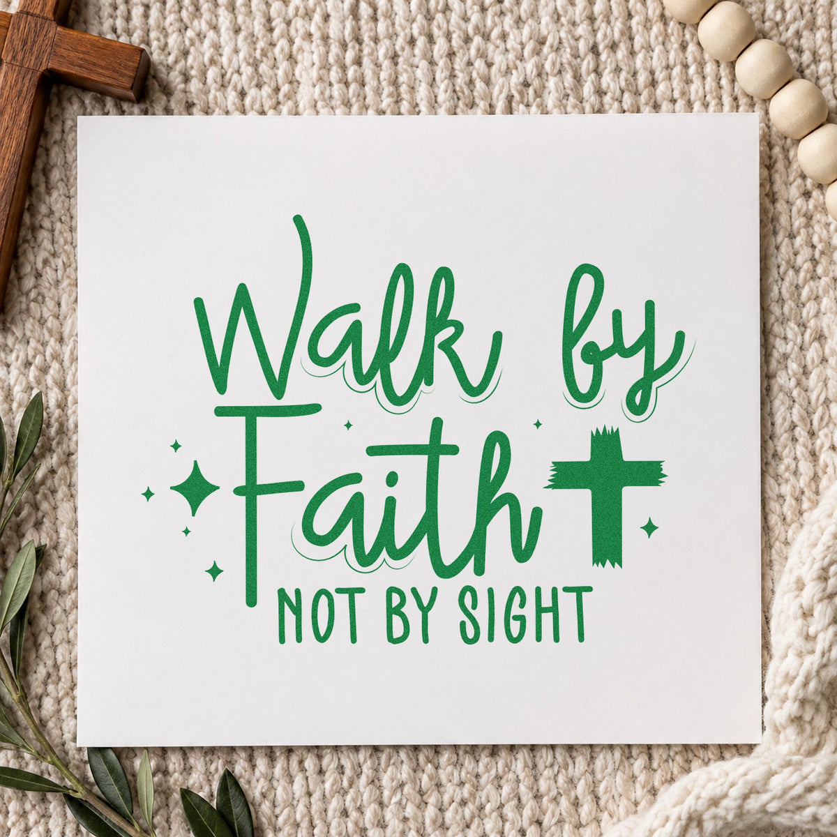 Walk by Faith Cross craft stamp imprint in green ink on a handmade project, one idea being framed hallway art.