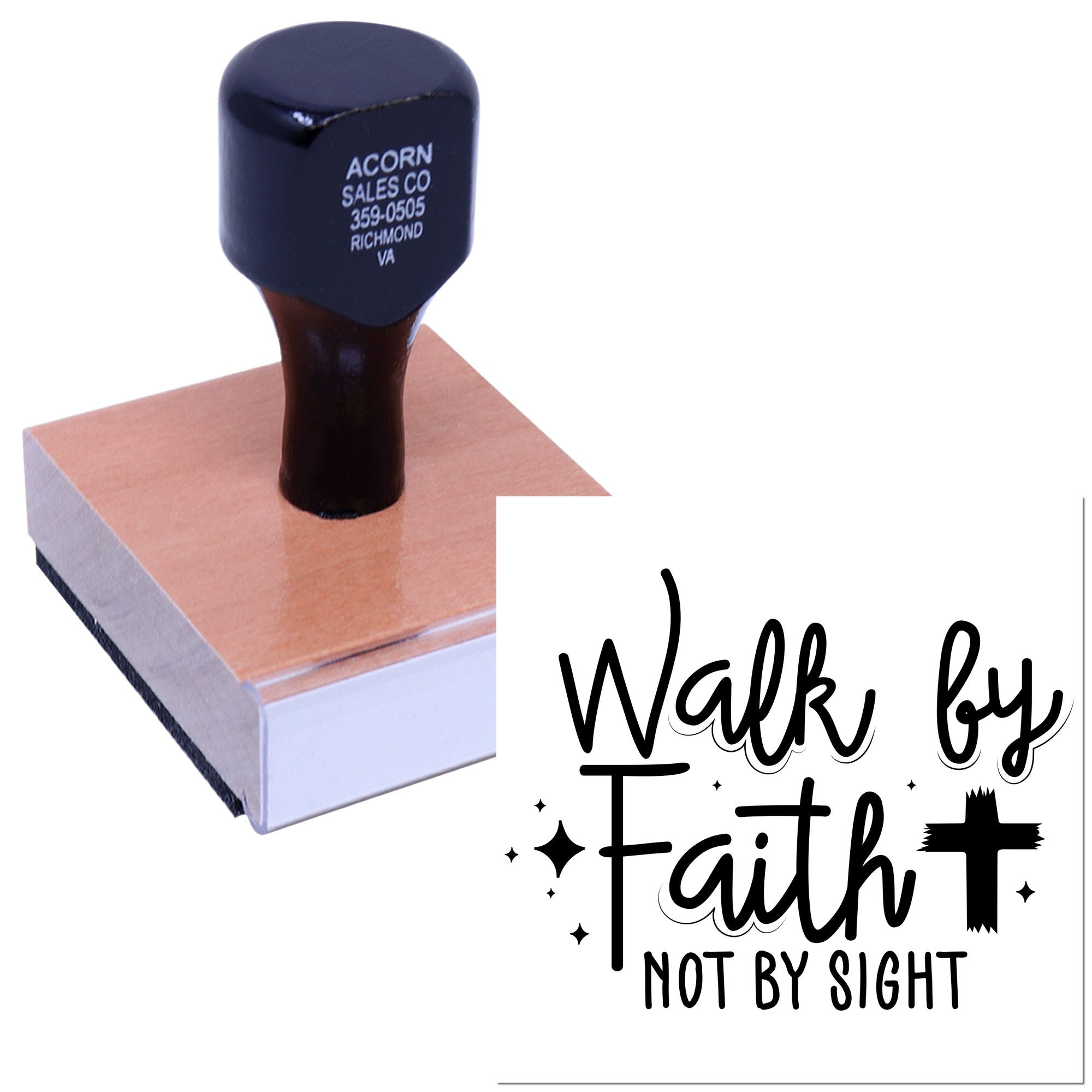 Custom rubber stamp with Walk by Faith Not by Sight design for faith-based crafts and religious stationery.