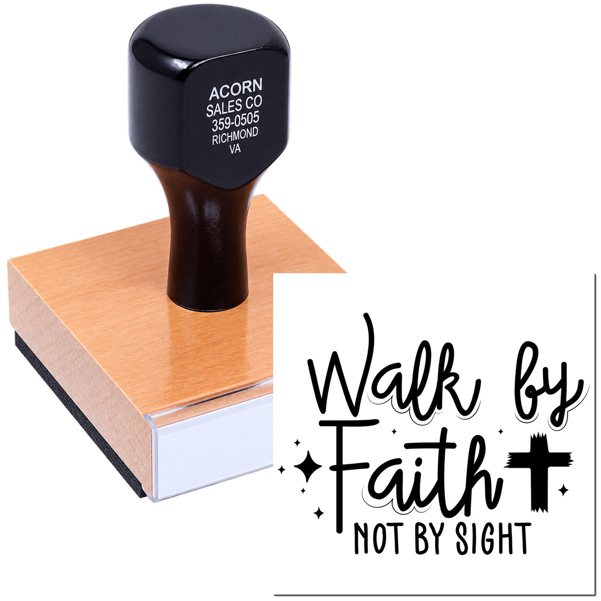 Custom rubber stamp with Walk by Faith Not by Sight design for faith-based crafts and religious stationery.
