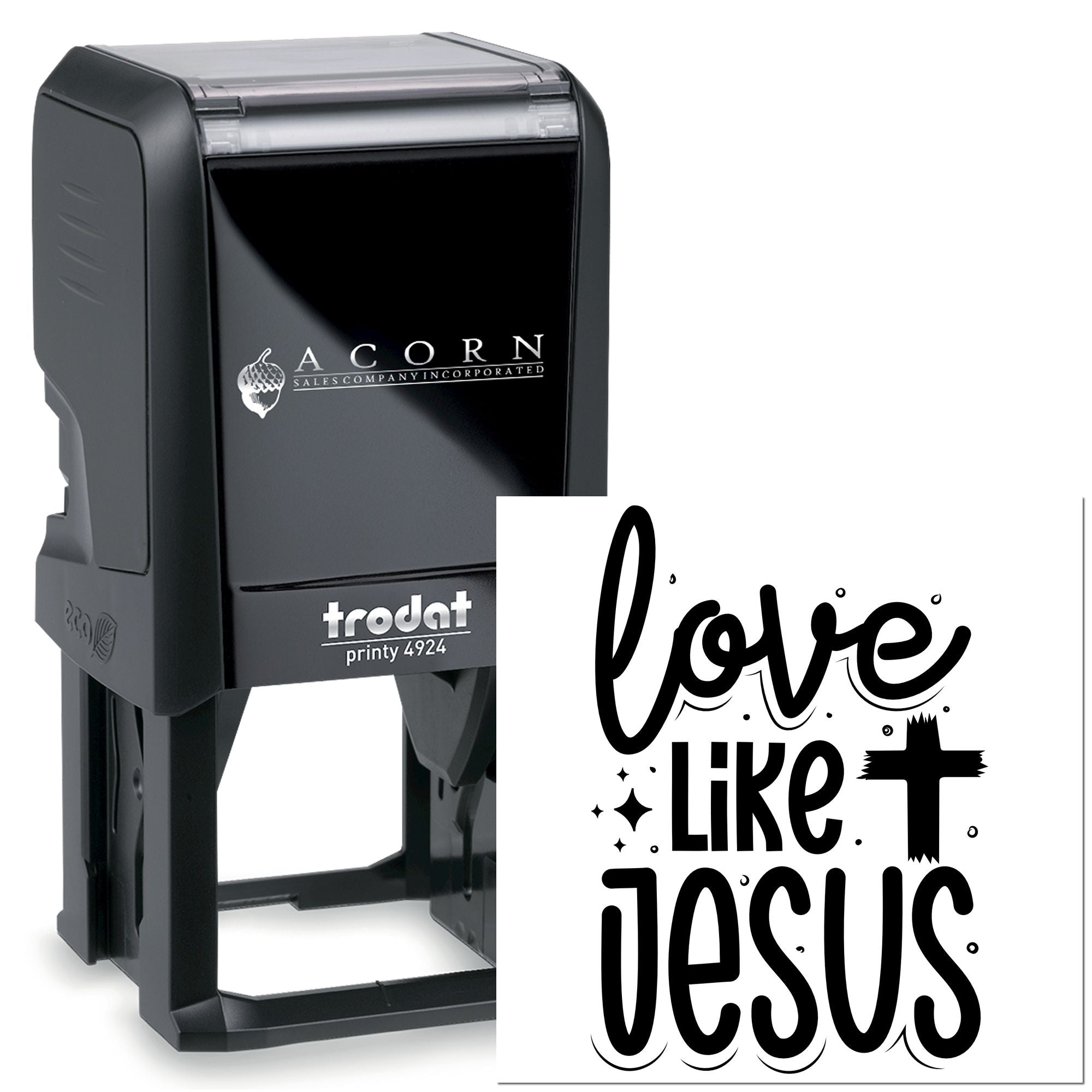 Self-inking Trodat Printy 4924 custom rubber stamp with "Love Like Jesus" design for Christian crafts and church use.
