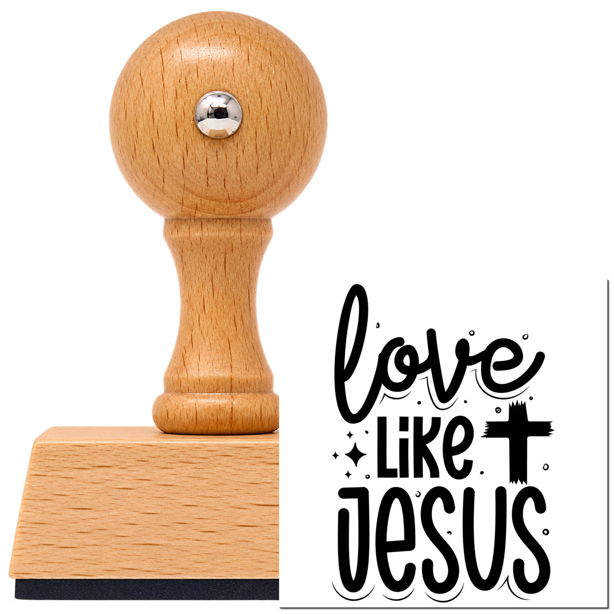 Love Like Jesus Cross Accent Vintage Pro rubber stamp in European beech wood with a round knob handle, shown beside its black imprint.