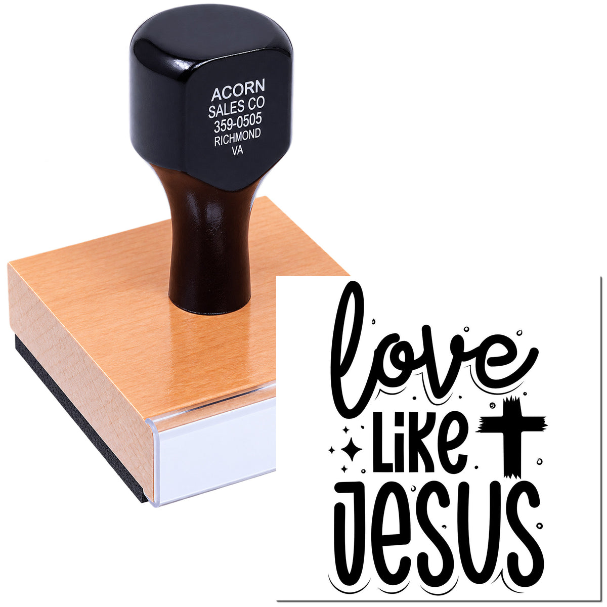 Wood-mounted rubber stamp with Love Like Jesus design for Christian crafts, handmade cards, and faith-based branding.