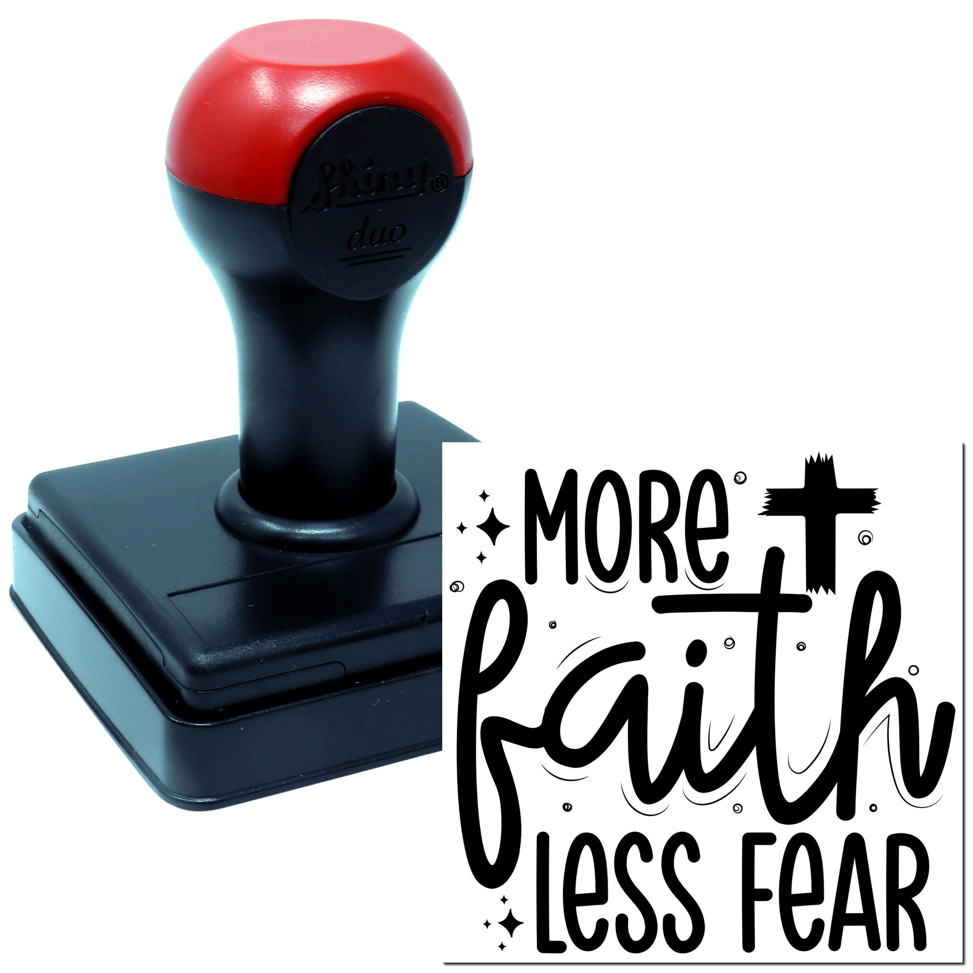 Custom self-inking rubber stamp with More Faith Less Fear design for faith-based craft projects and branding.