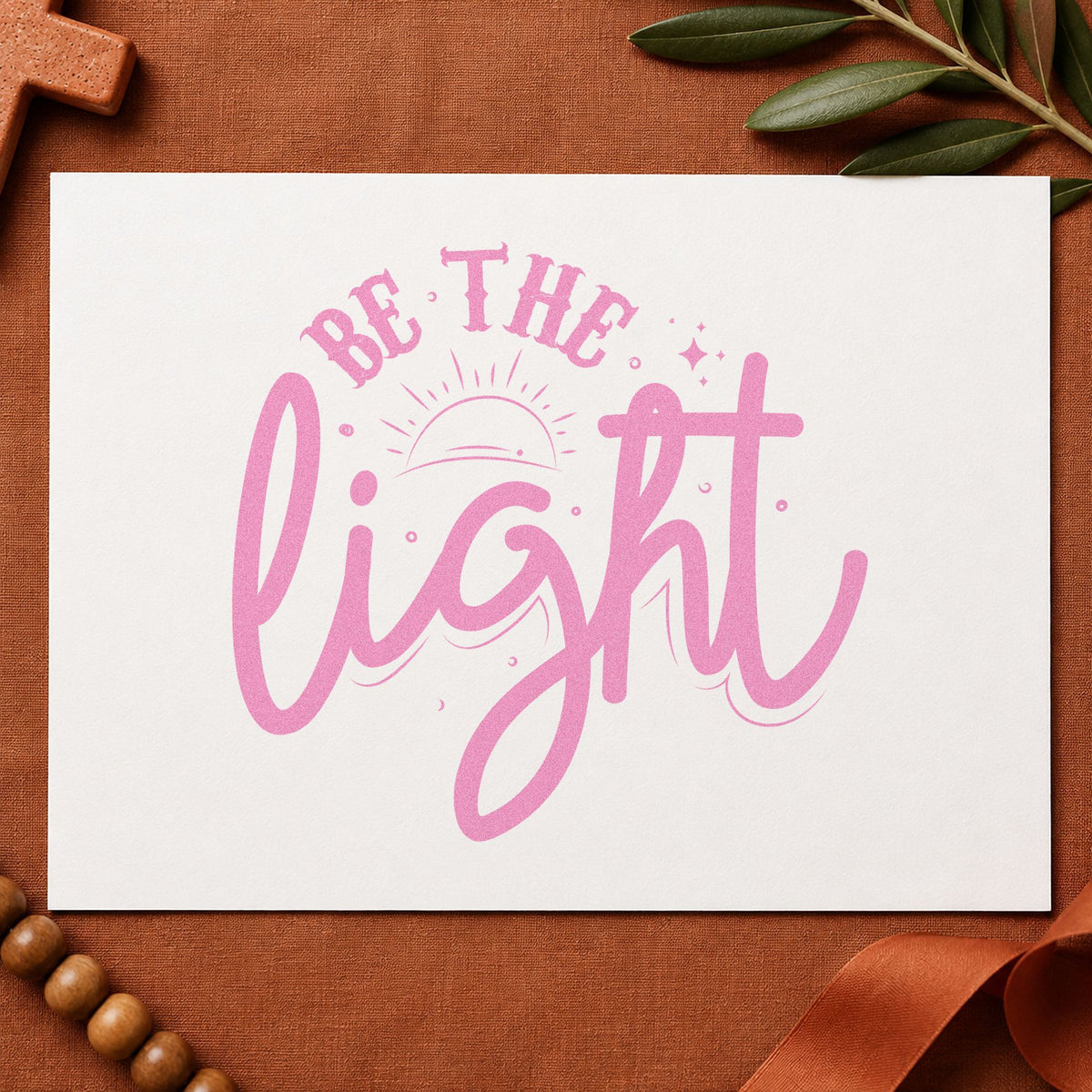 Be the Light Sunrise Script craft stamp in purple ink on cardstock, an easy option for teacher gift tags.