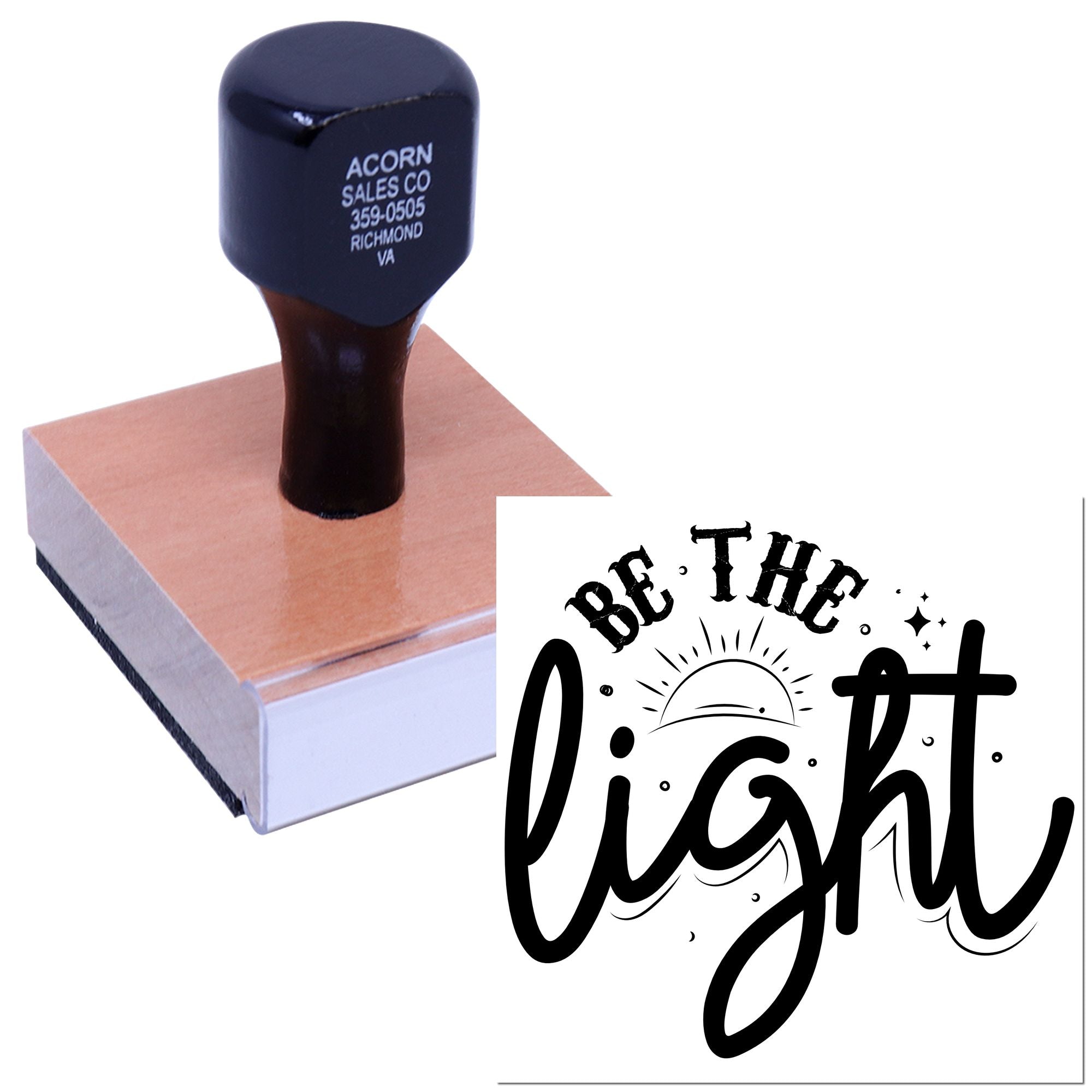 Custom rubber stamp with Be the Light design for inspirational cards, branding, and craft projects.