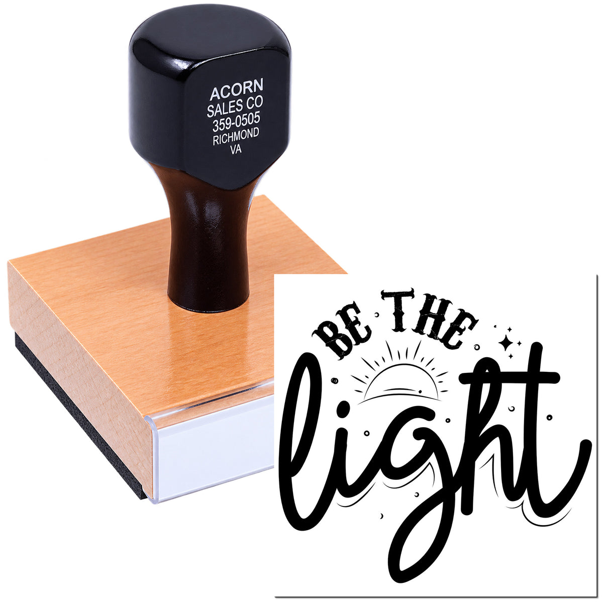 Custom rubber stamp with Be the Light design for inspirational cards, branding, and craft projects.