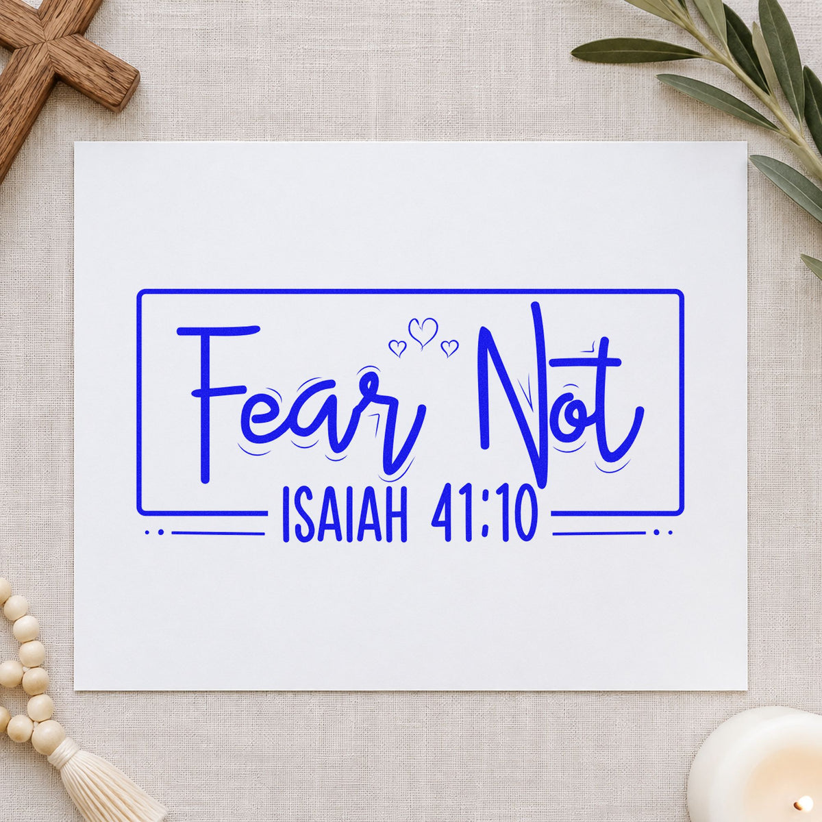 Fear Not Heart Frame craft stamp in blue ink on cardstock, an easy option for deployment care totes.