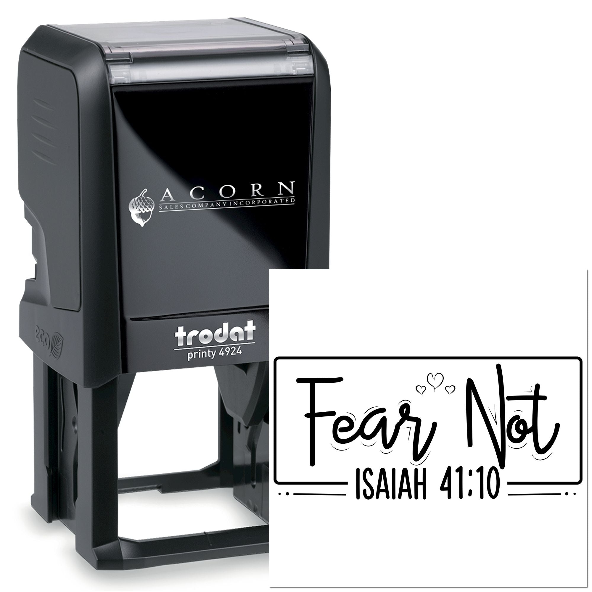 Custom Trodat self-inking rubber stamp with Fear Not Isaiah 41:10 design for Christian crafts and Bible verse marking.