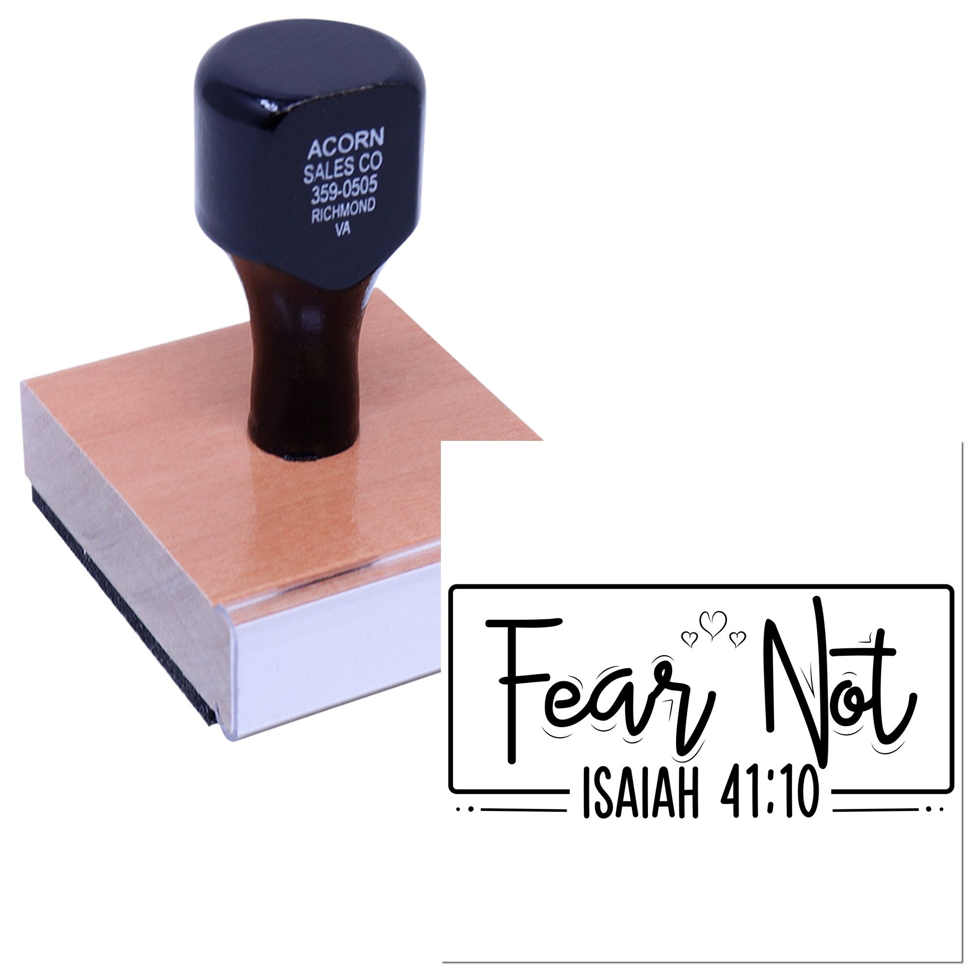 Custom rubber stamp with Fear Not Isaiah 41:10 design for faith-based crafts, church projects, and inspirational stamping.
