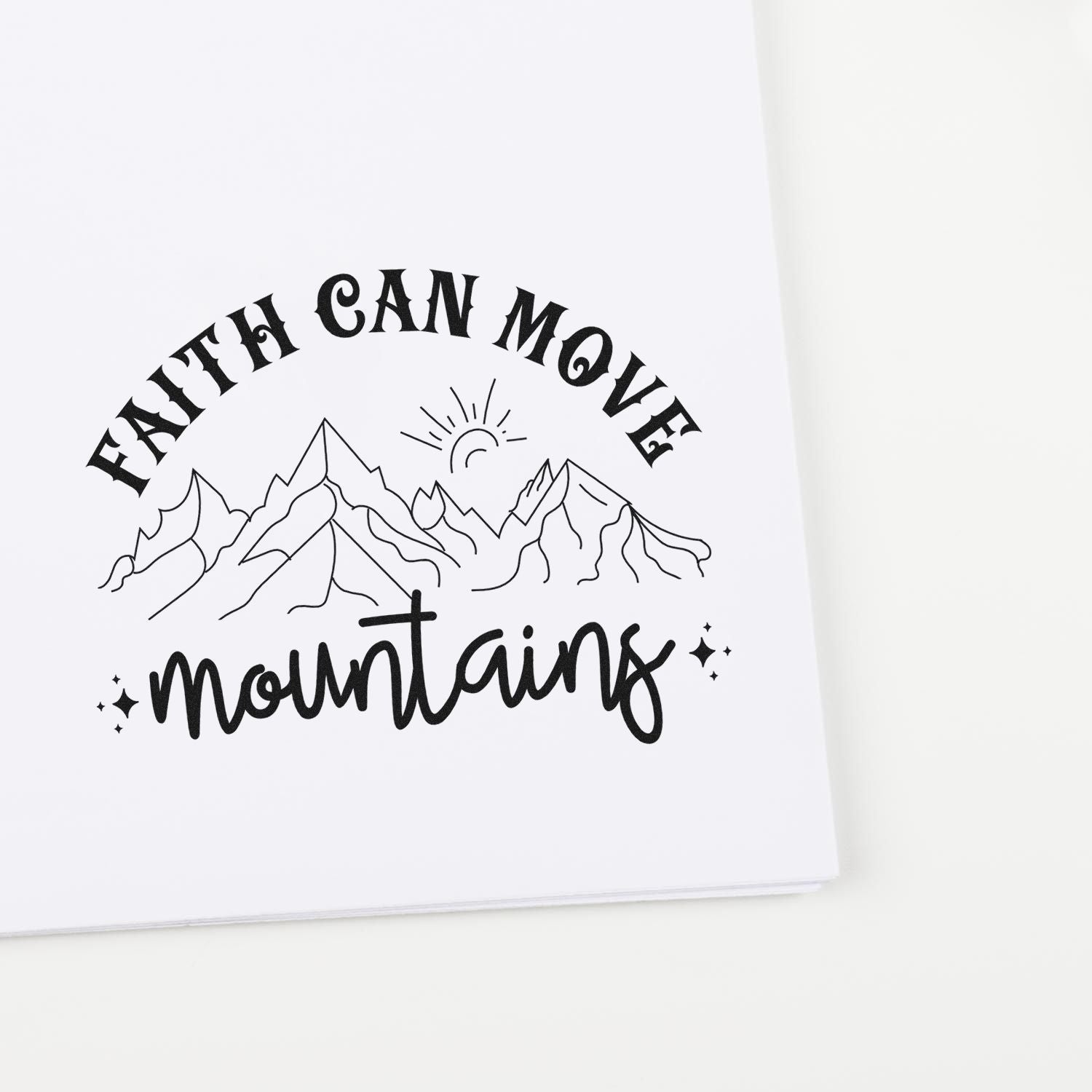 Faith Can Move Mountains rubber stamp design with mountain illustration for Christian crafts, journaling, and handmade projects.