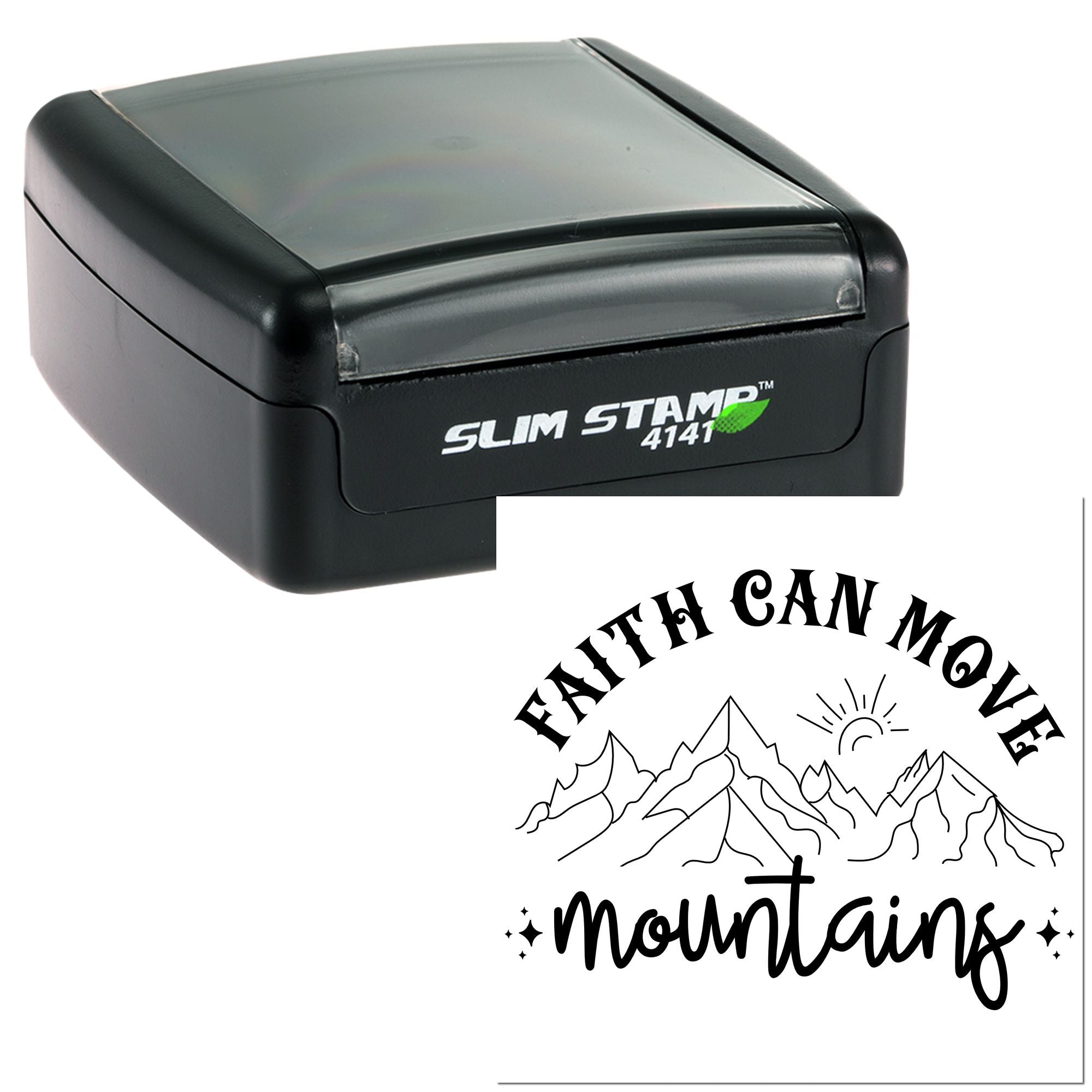 Slim Stamp 4141 self-inking rubber stamp with Faith Can Move Mountains mountain design for custom religious stamping.