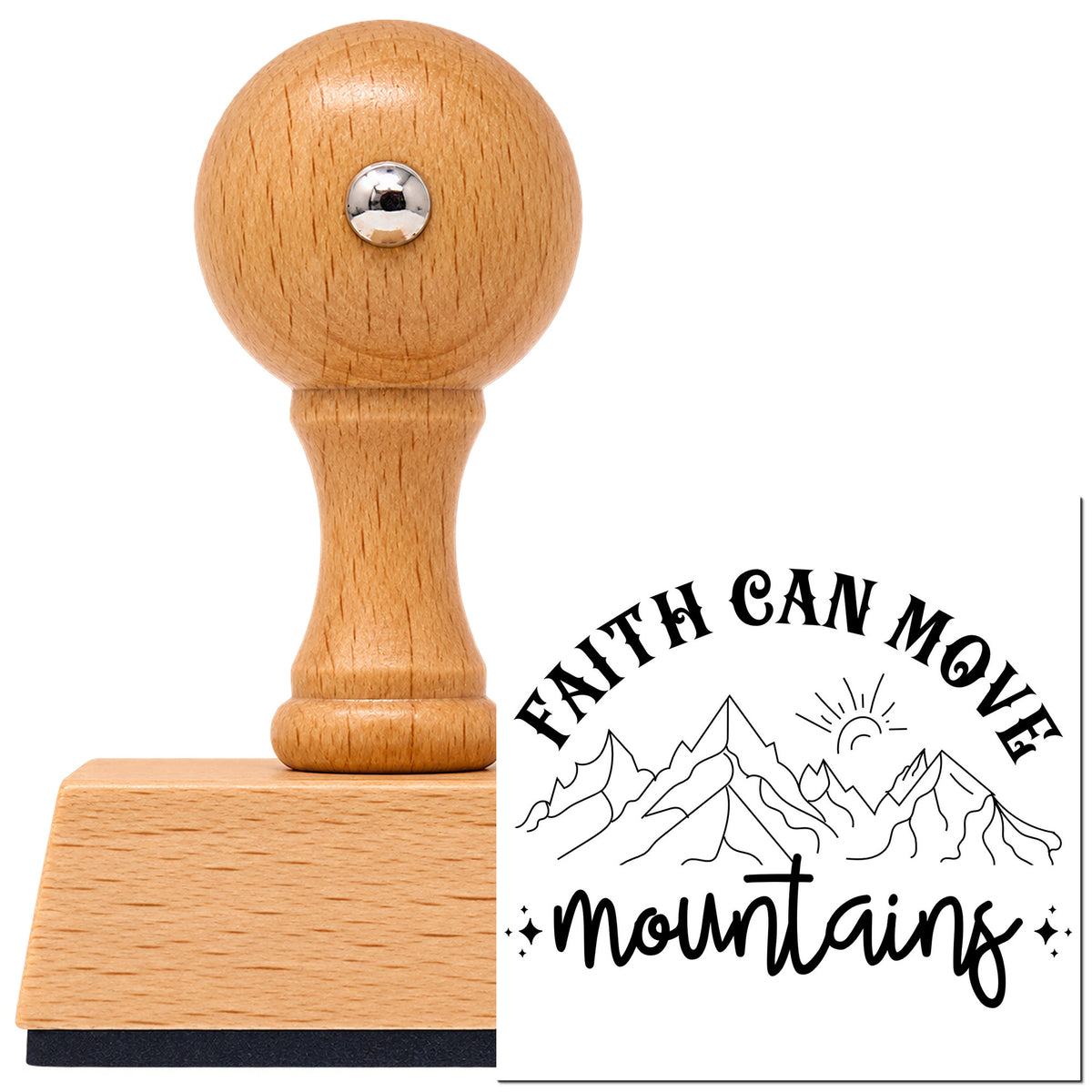 Faith Can Move Outlined Mountains Script Lettering Vintage Pro rubber stamp in European beech wood with a round knob handle, shown beside its black imprint.