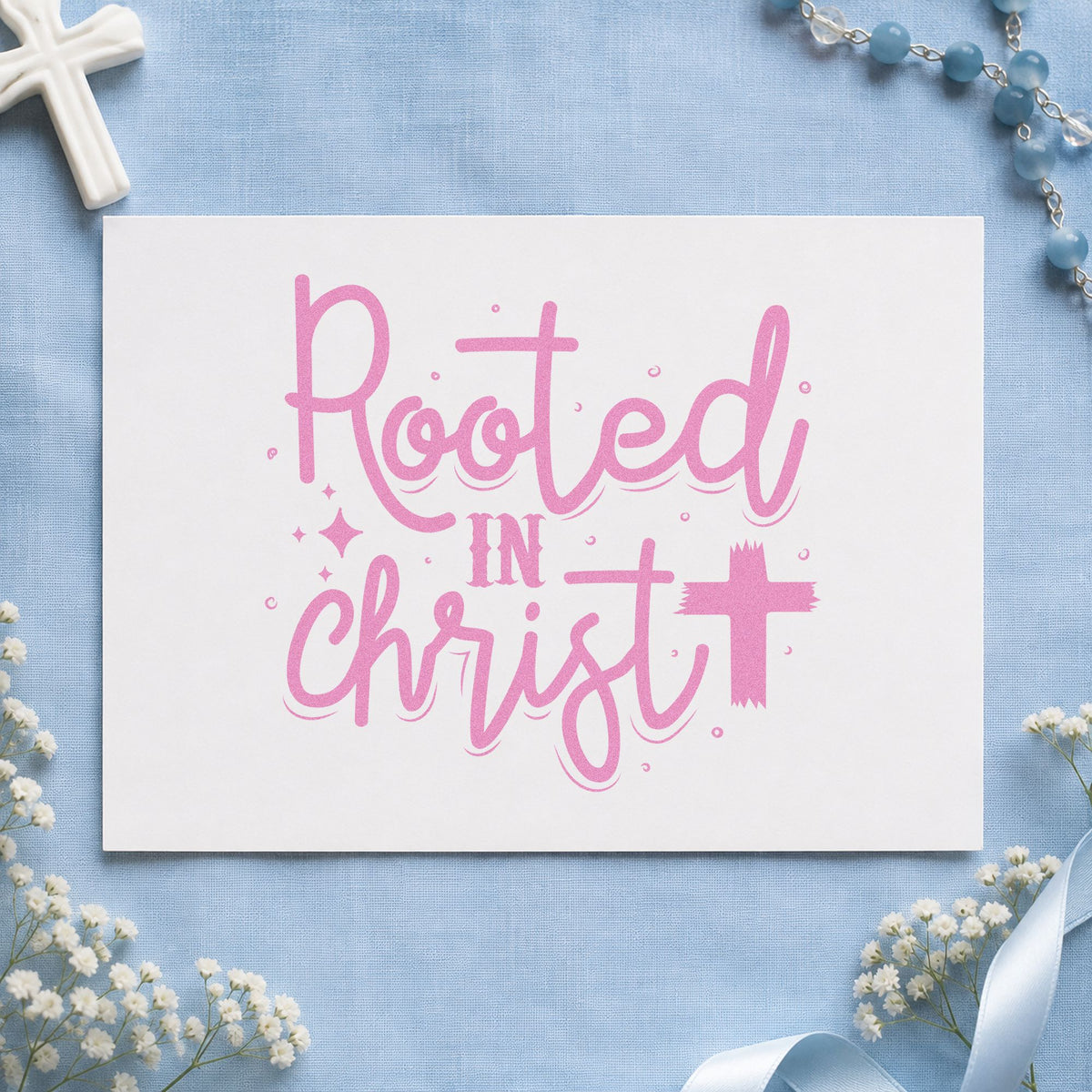 Rooted in Christ Script craft stamp in purple ink on cardstock, an easy option for plant gift tags.