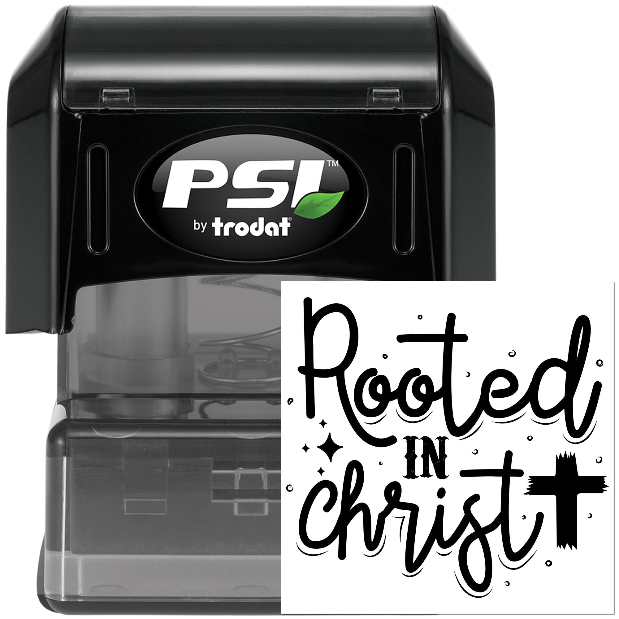 PSI by Trodat self-inking rubber stamp featuring Rooted in Christ cross design for church and faith-based crafts.