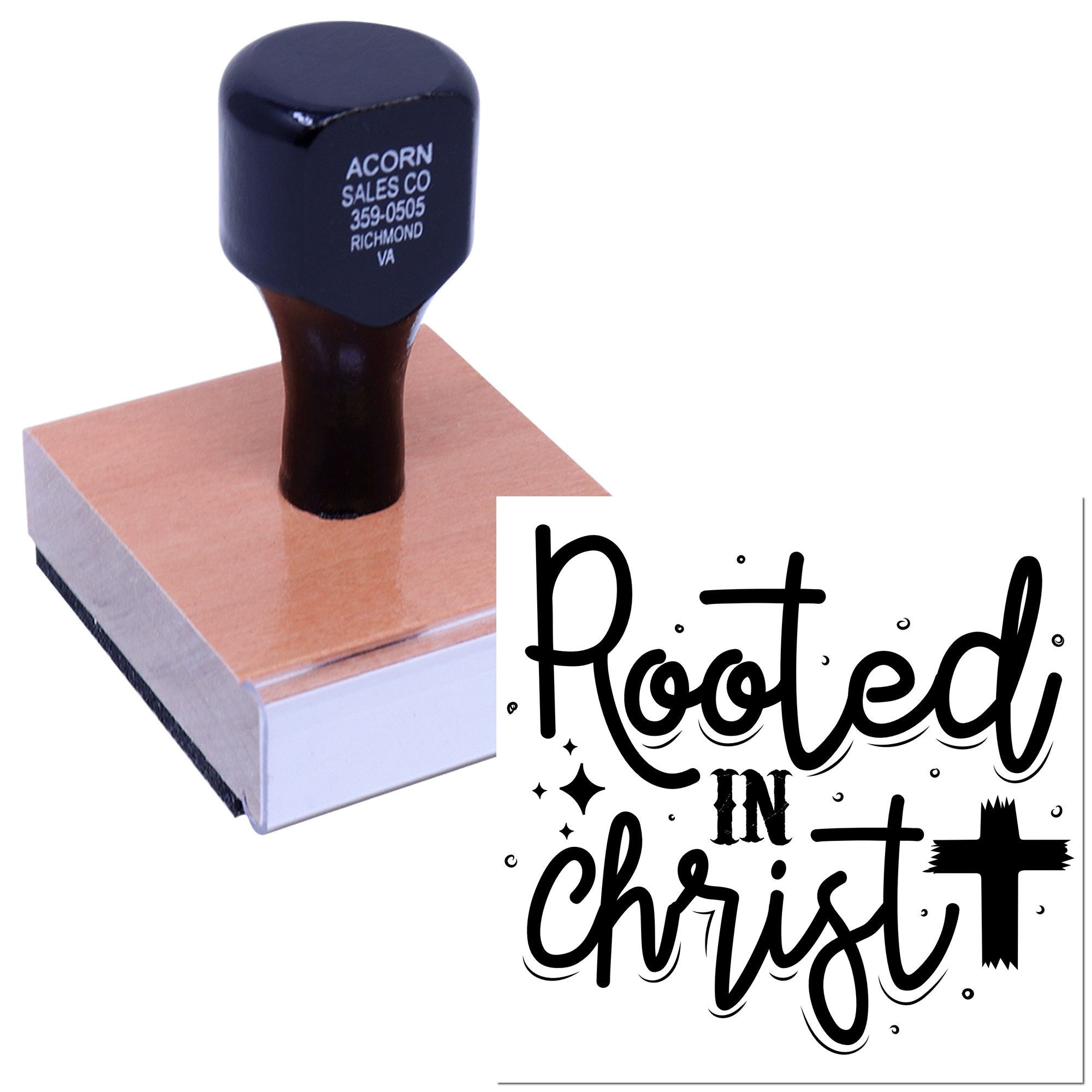 Rooted in Christ custom rubber stamp for Christian crafts, featuring a wooden-handled stamp and faith-based lettering.