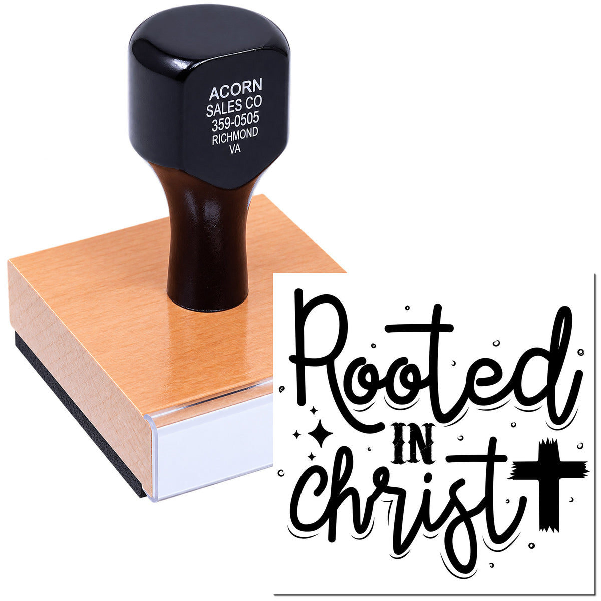 Rooted in Christ custom rubber stamp for Christian crafts, featuring a wooden-handled stamp and faith-based lettering.