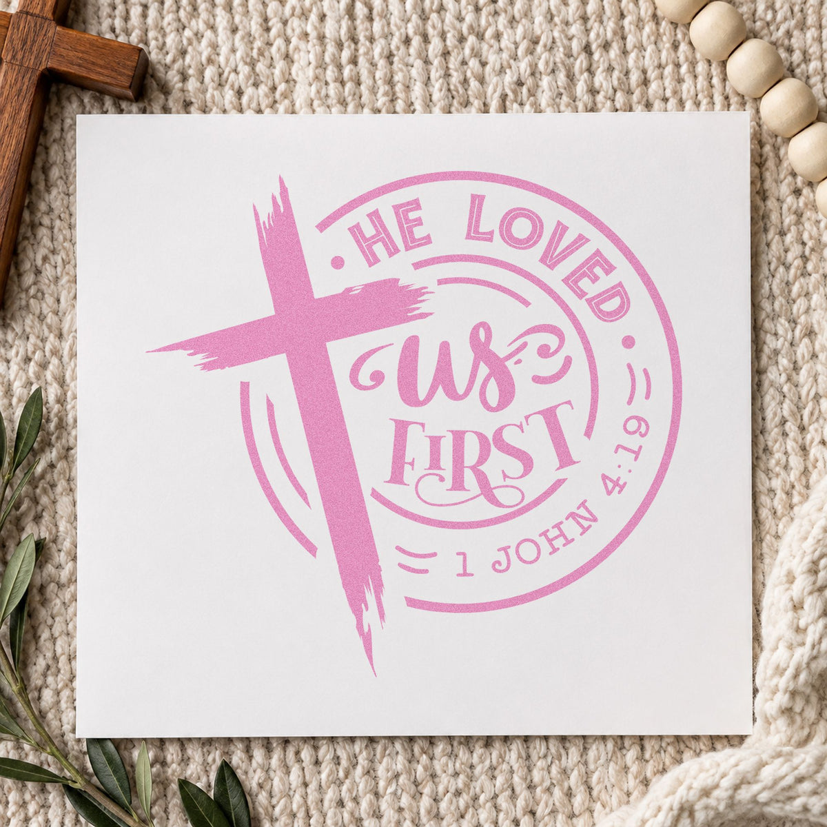 He Loved Us First Round craft stamp in purple ink on cardstock, an easy option for coffee sleeve bands.