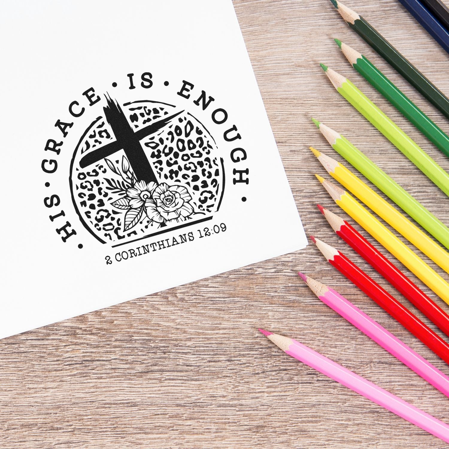 Christian rubber stamp design reading Grace Is Enough with cross and flowers for faith-based crafts and journaling.