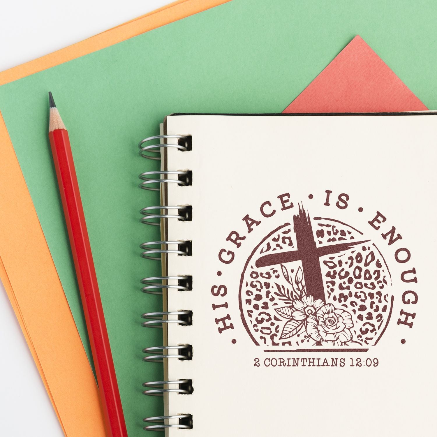 Christian rubber stamp reading His Grace Is Enough with cross, flowers, and 2 Corinthians 12:9 for faith journaling.