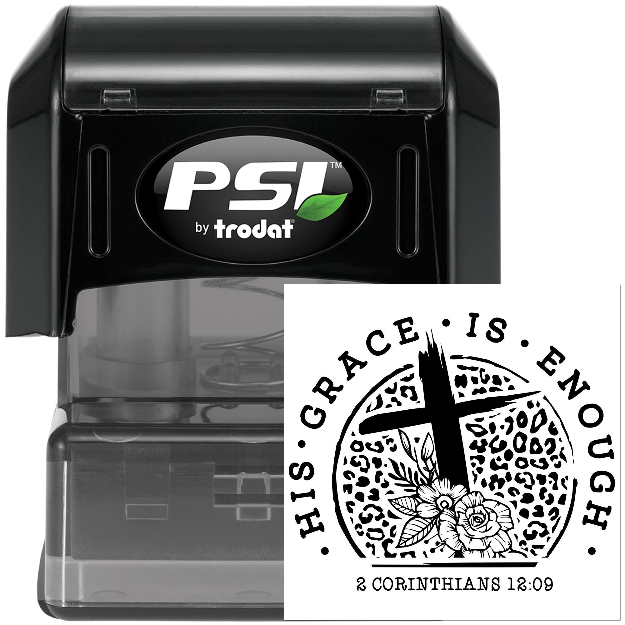 PSI by Trodat self-inking rubber stamp with custom Christian design reading "His Grace Is Enough" and 2 Corinthians 12:9