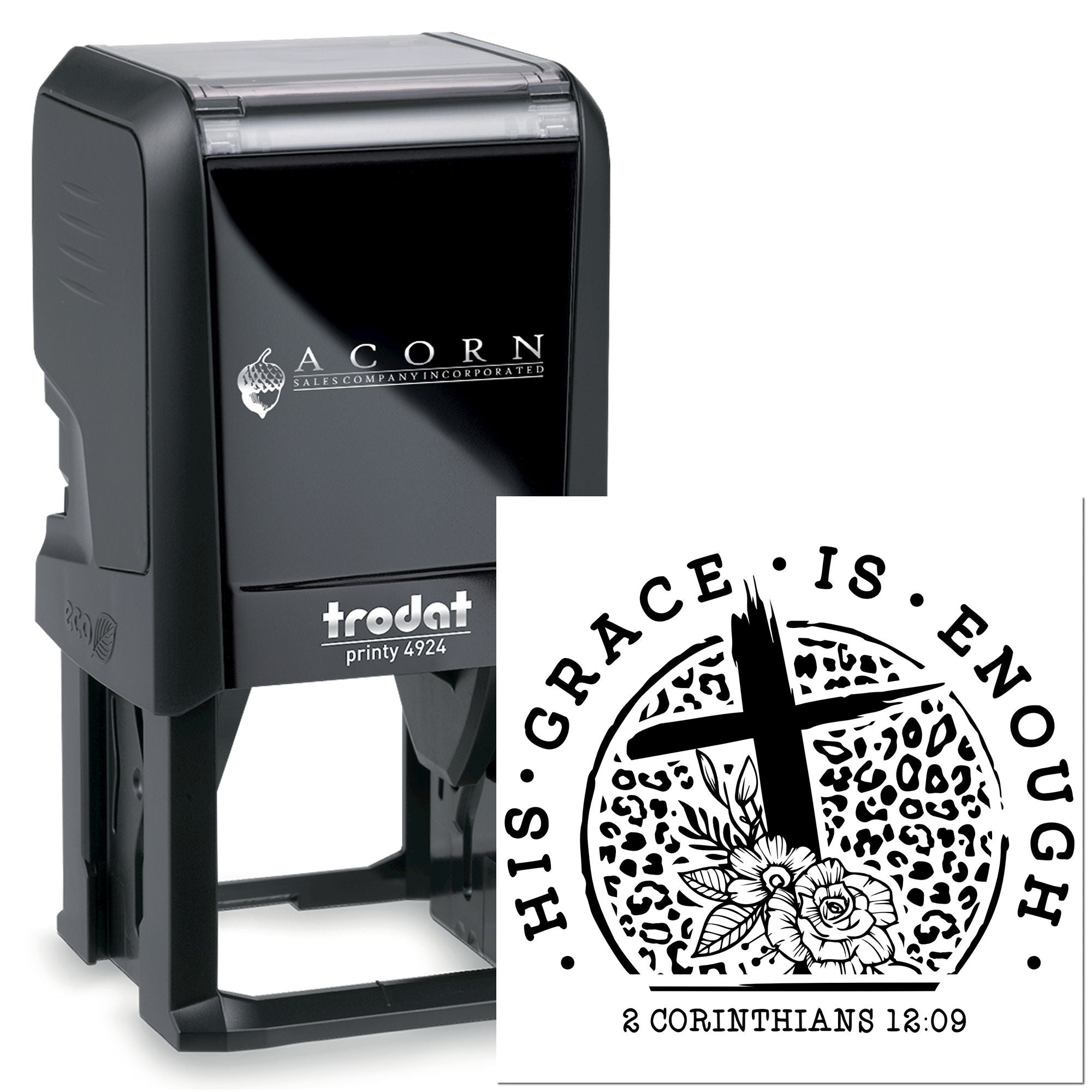 Self-inking rubber stamp with custom Grace Is Sufficient Christian scripture design and 2 Corinthians 12:09 imprint.