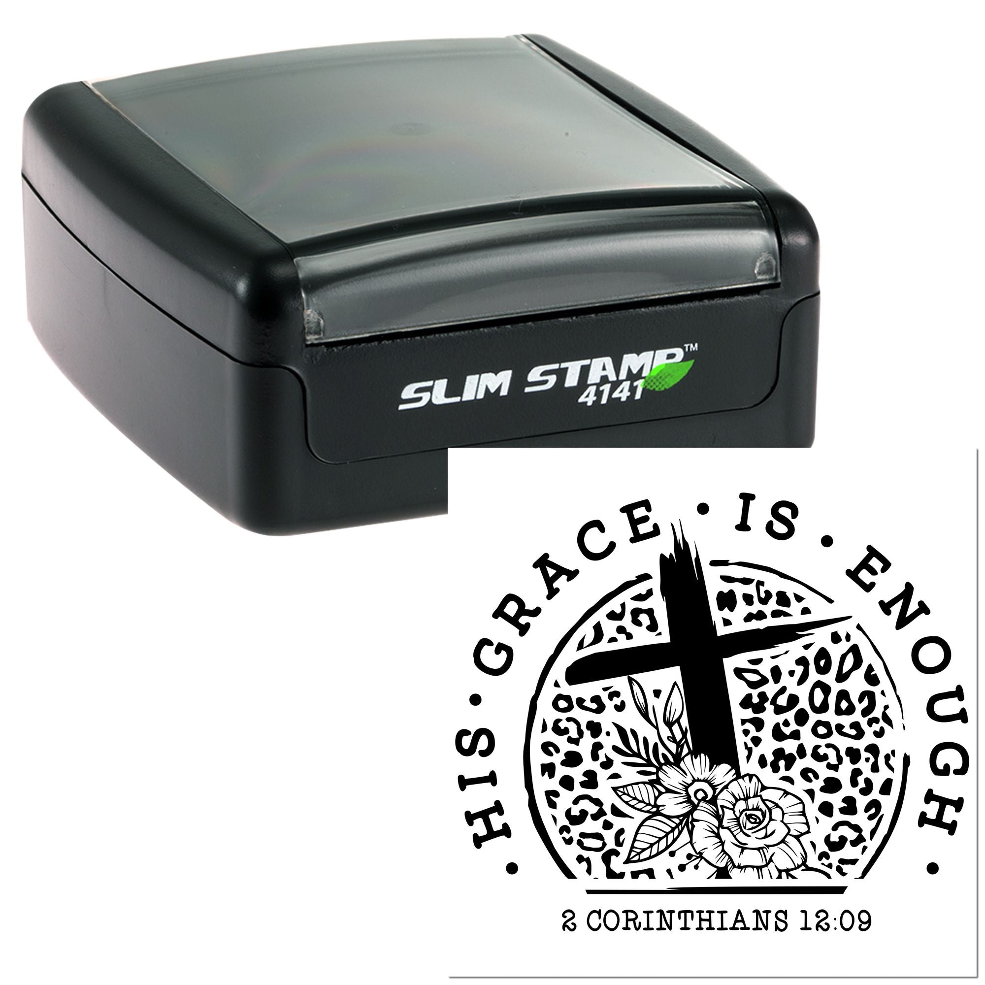 Custom self-inking rubber stamp with His Grace Is Enough Bible verse design, cross, florals, and 2 Corinthians 12:9 text.