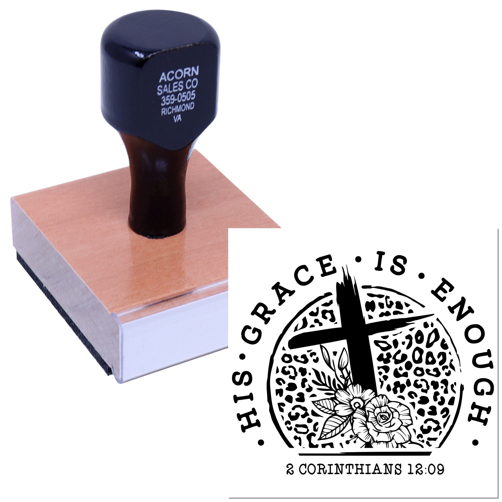 Custom Christian rubber stamp with wood handle, featuring His Grace Is Enough cross logo and 2 Corinthians 12:9.