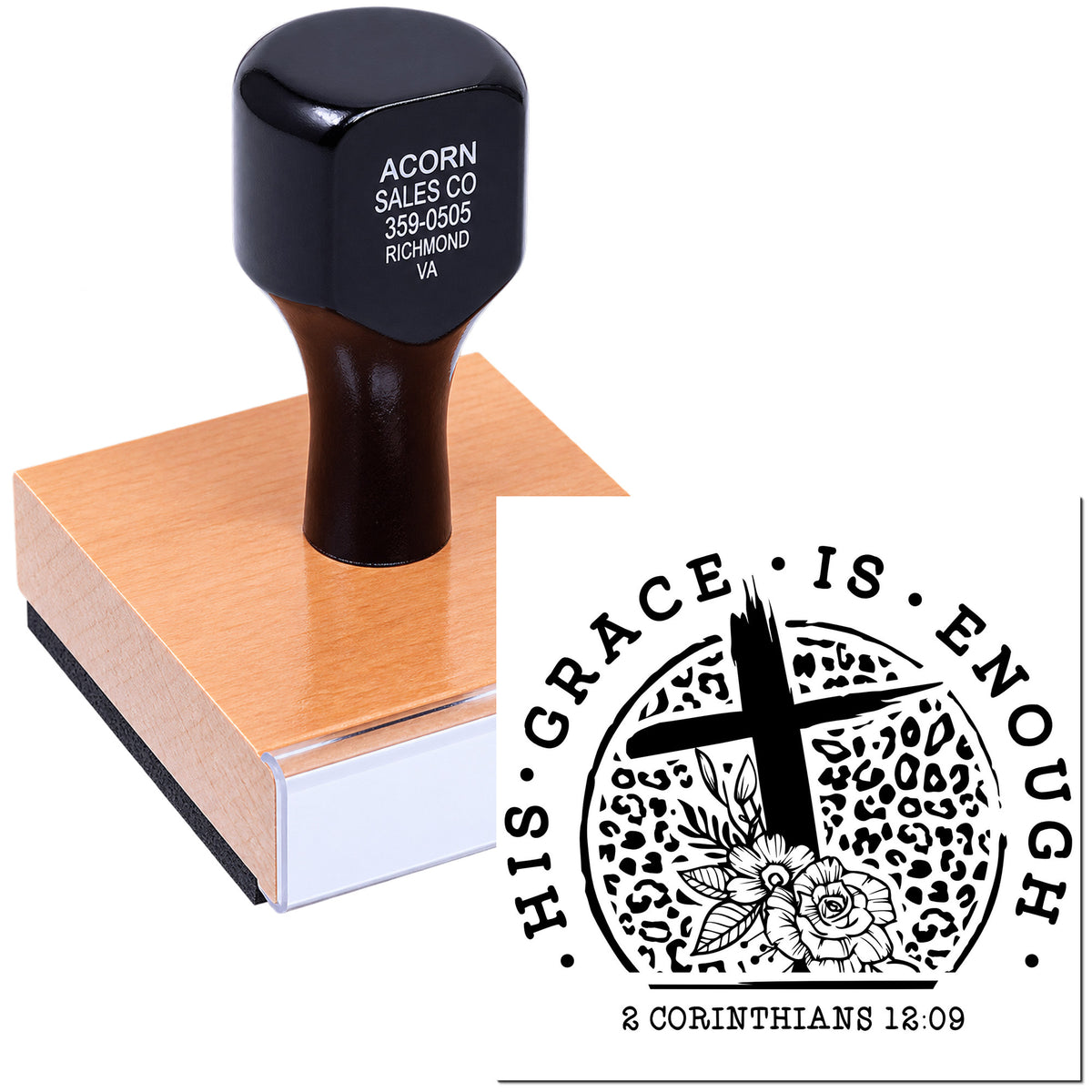 Custom Christian rubber stamp with wood handle, featuring His Grace Is Enough cross logo and 2 Corinthians 12:9.