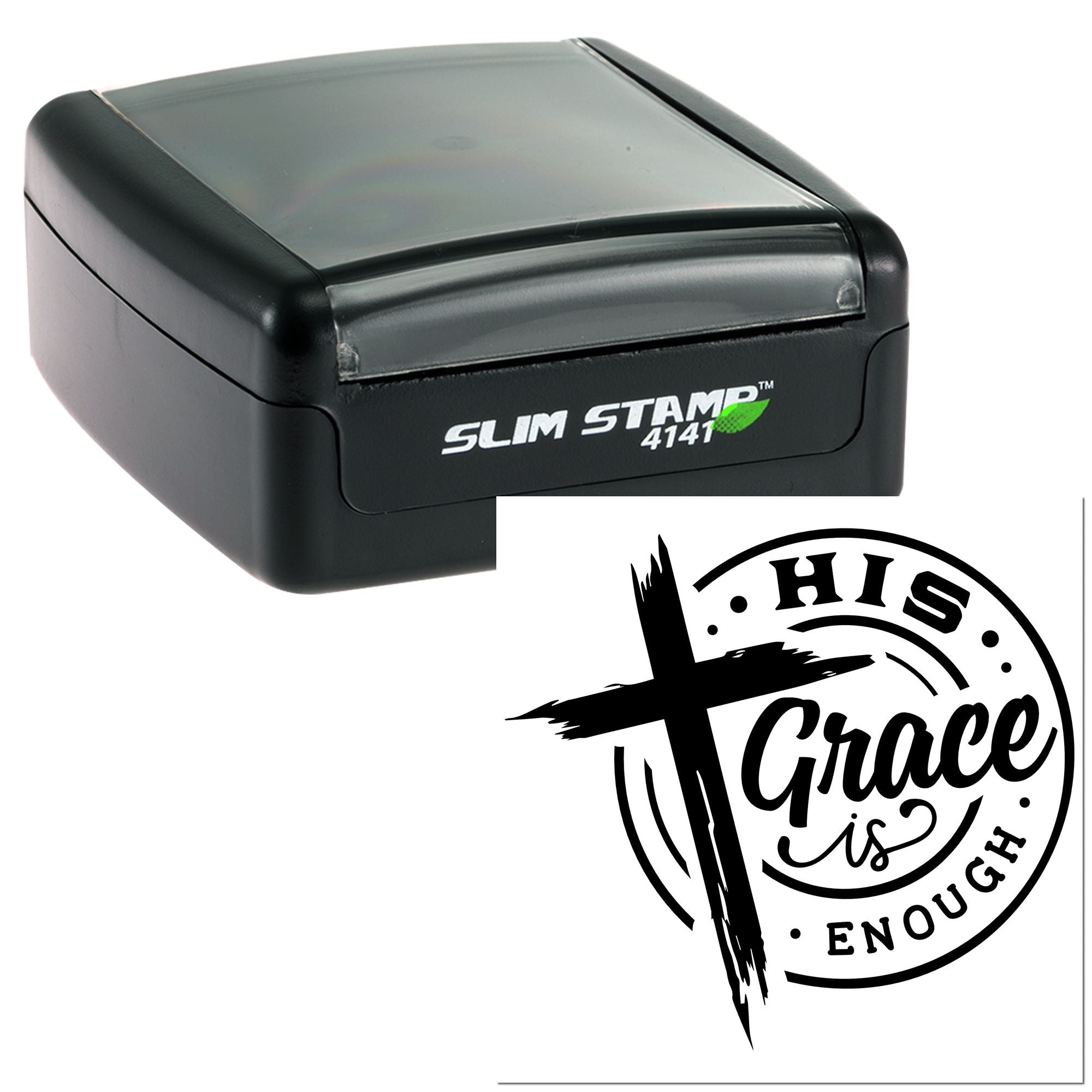 Slim self-inking rubber stamp with custom Grace is Enough Christian design.