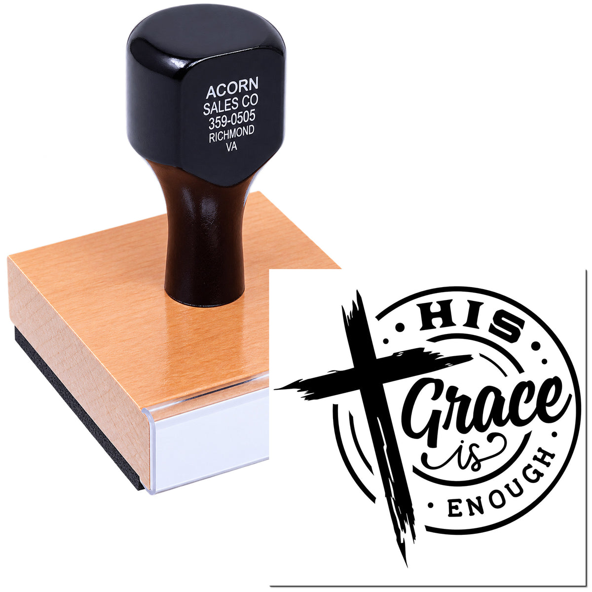 Custom Christian rubber stamp with His Grace Is Enough cross design for faith-based crafts and church projects