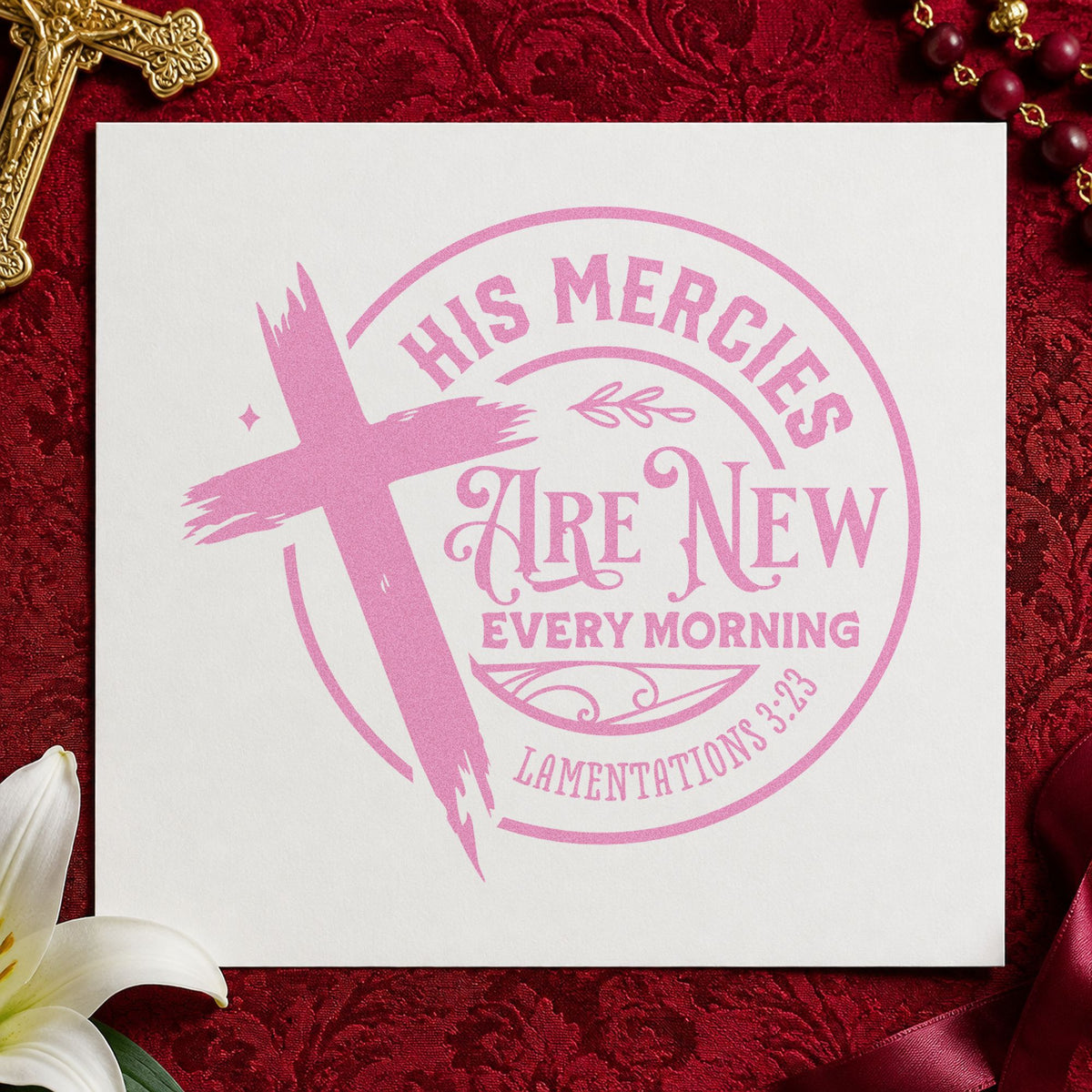 Mercies New Every Morning Badge craft stamp in purple ink on cardstock, an easy option for coffee bag labels.