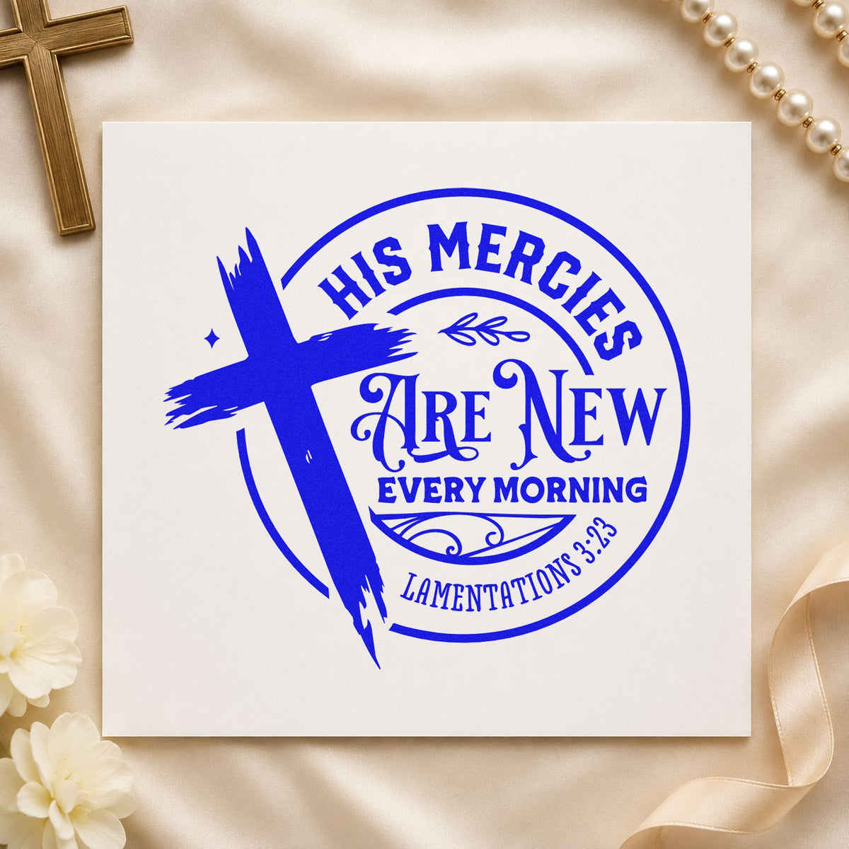 Mercies New Every Morning Badge craft stamp imprinted in blue ink on paper, a design suited to alarm clock labels.