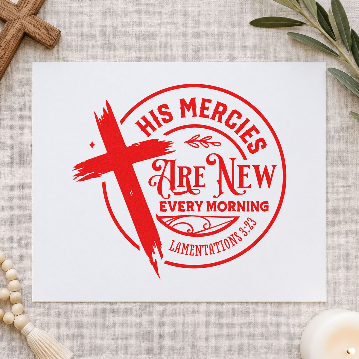 Mercies New Every Morning Badge rubber stamp shown in red ink, stamped for projects such as newborn ward notes.
