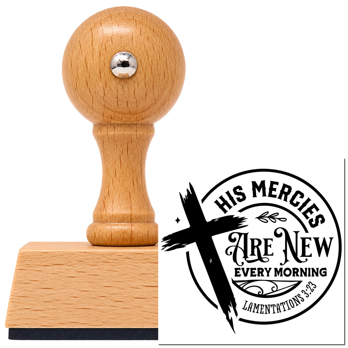 His Mercies Are New Every Morning Vintage Pro rubber stamp in European beech wood with a round knob handle, shown beside its black imprint.