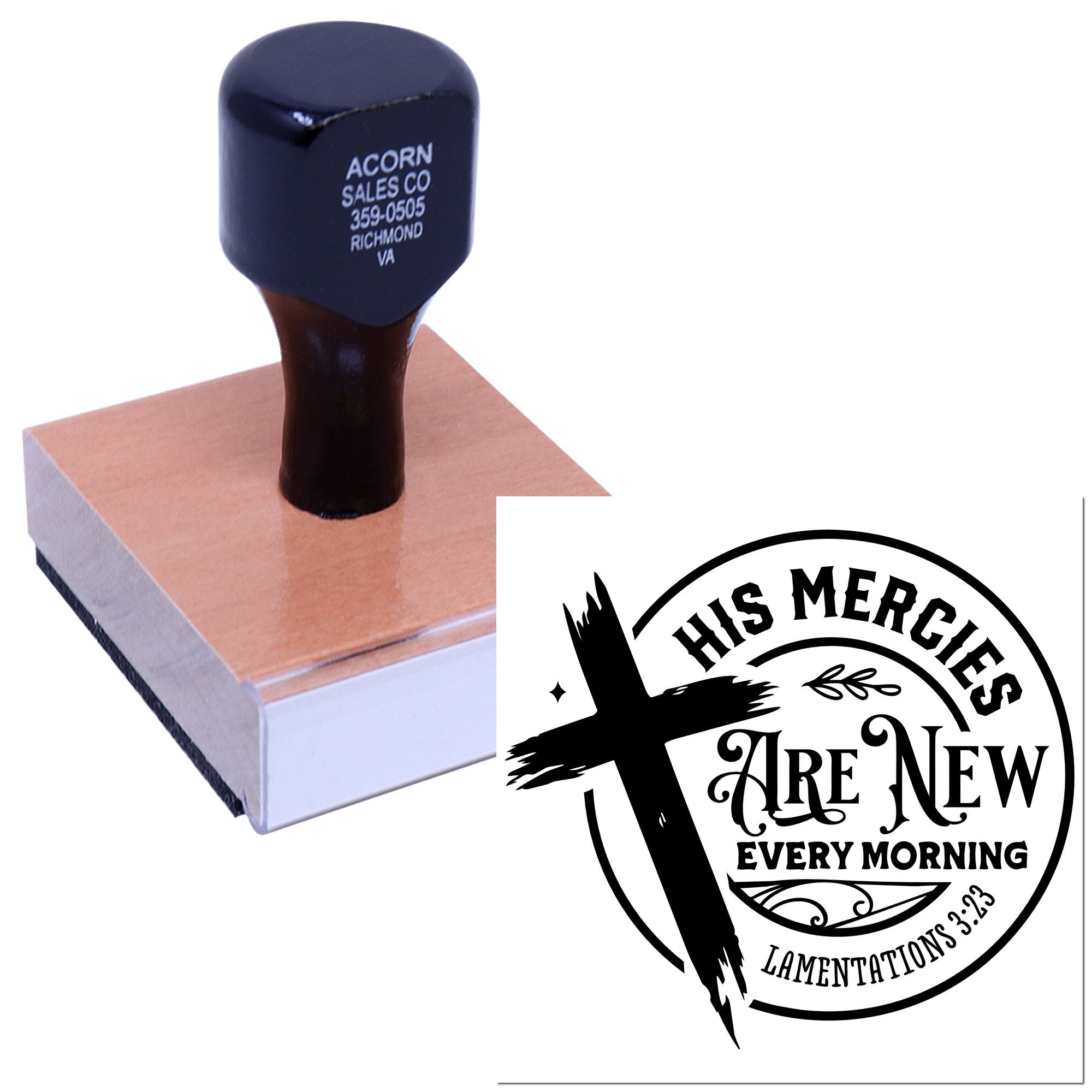 Custom rubber stamp with Bible verse His mercies are new every morning for church crafts, cards, and faith-based stationery.