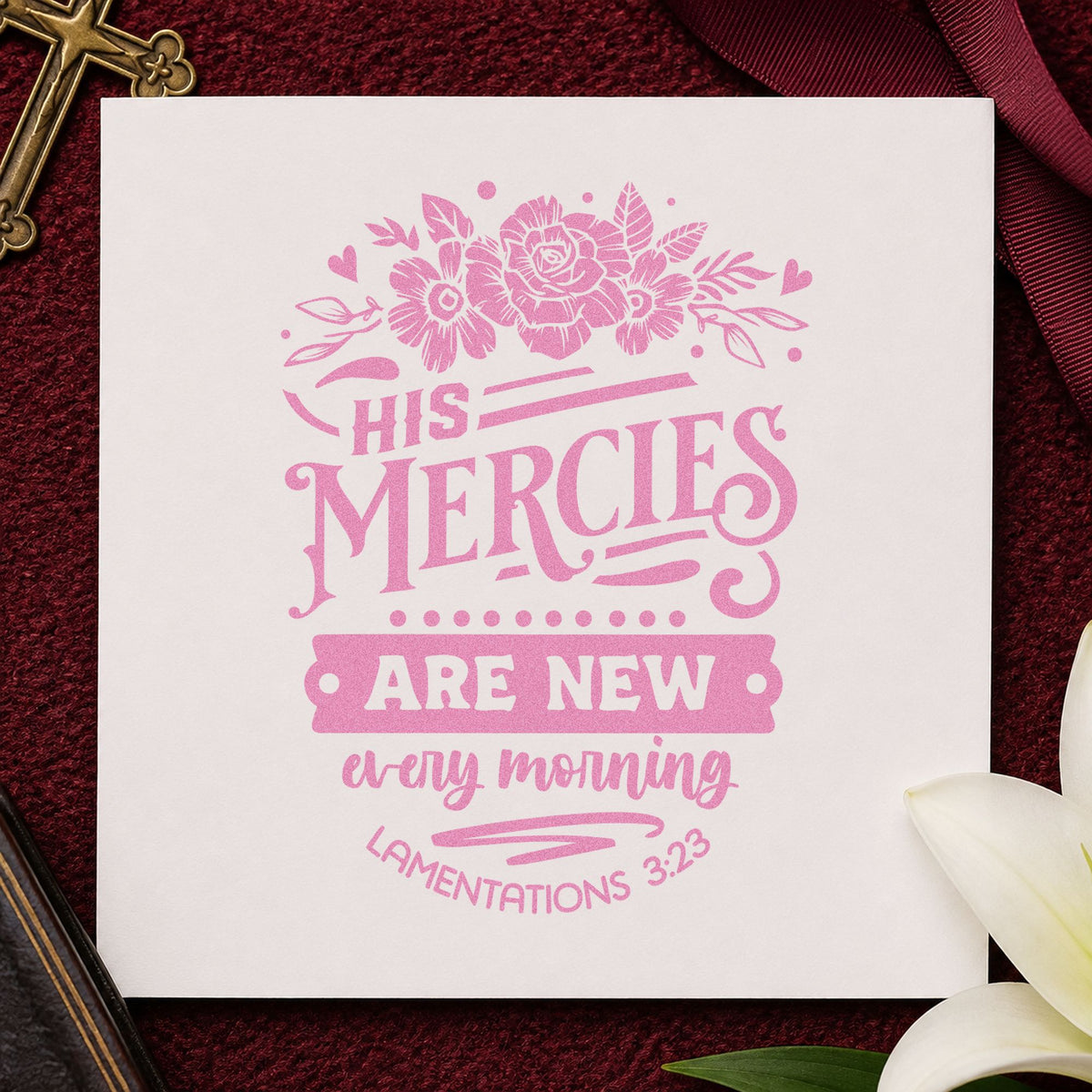 New Mercies Dark Roses craft stamp in purple ink on cardstock, an easy option for funeral program covers.