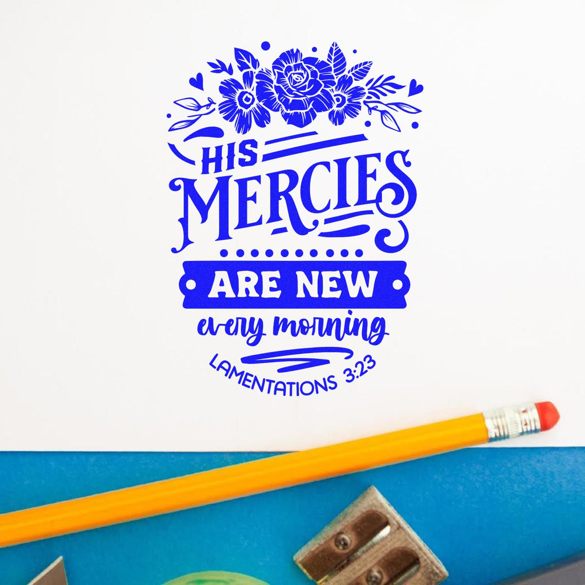 New Mercies Dark Roses rubber stamp shown in blue ink, stamped for projects such as funeral program covers.