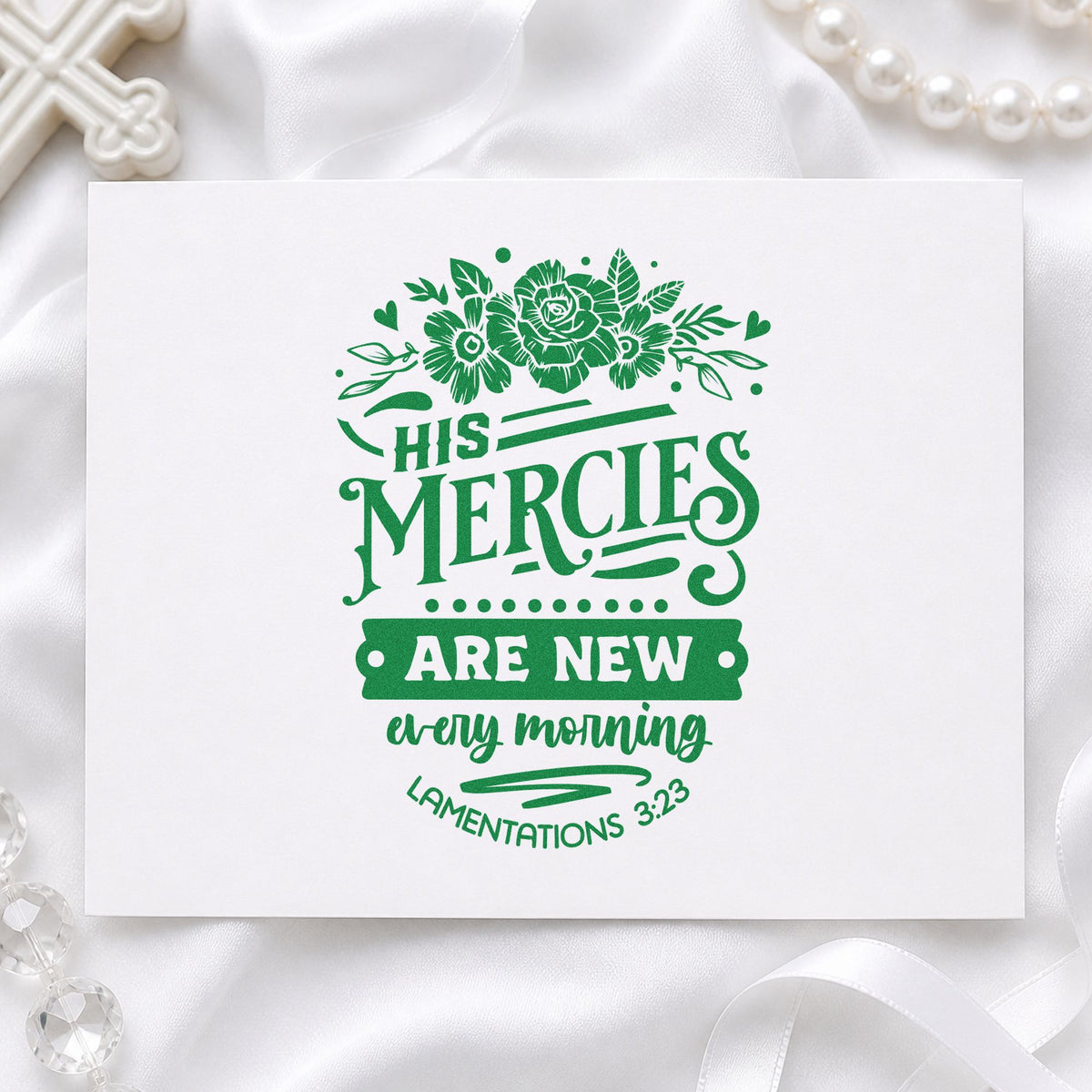 New Mercies Dark Roses craft stamp imprint in green ink on a handmade project, one idea being memorial garden tags.
