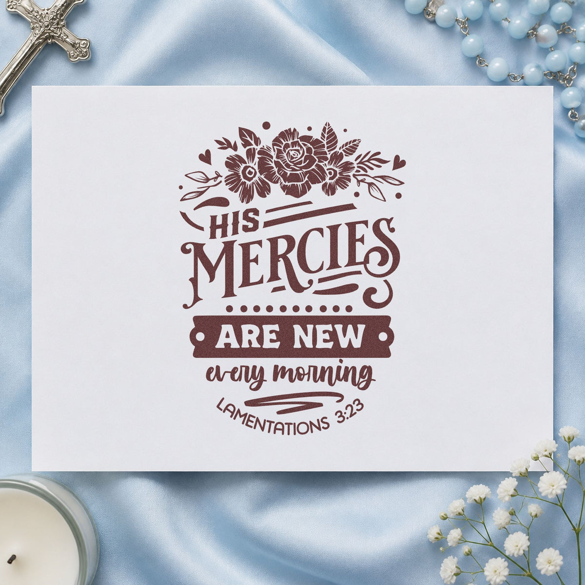 New Mercies Dark Roses rubber stamp printed in brown ink, ready for grief journal pages and similar paper crafts.
