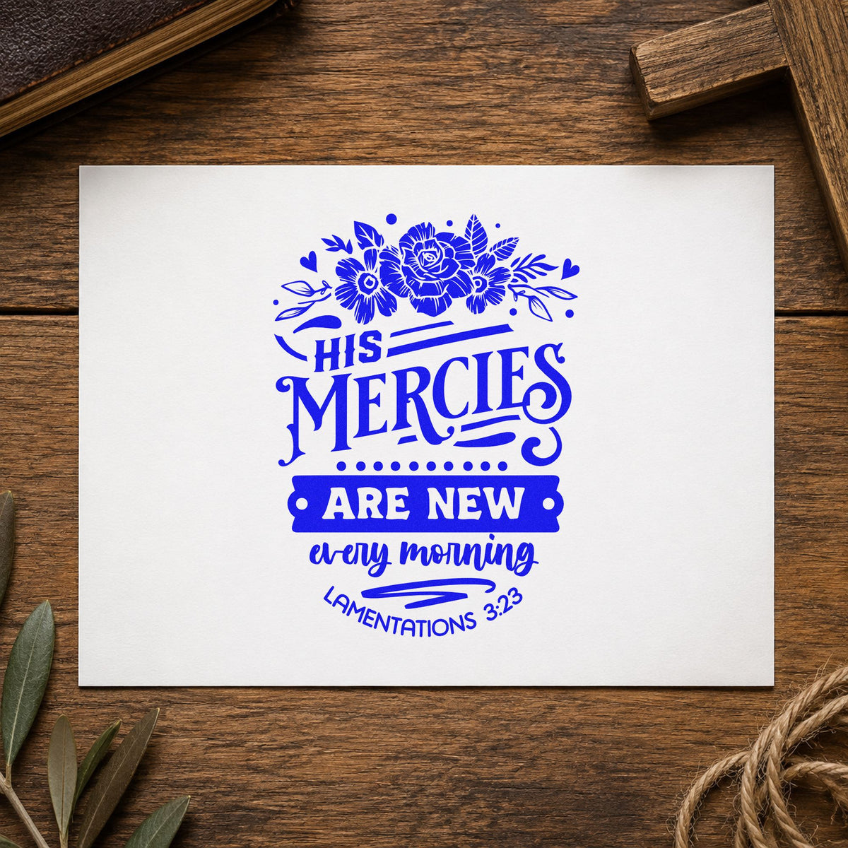 New Mercies Dark Roses craft stamp in blue ink on cardstock, an easy option for florist wrap seals.