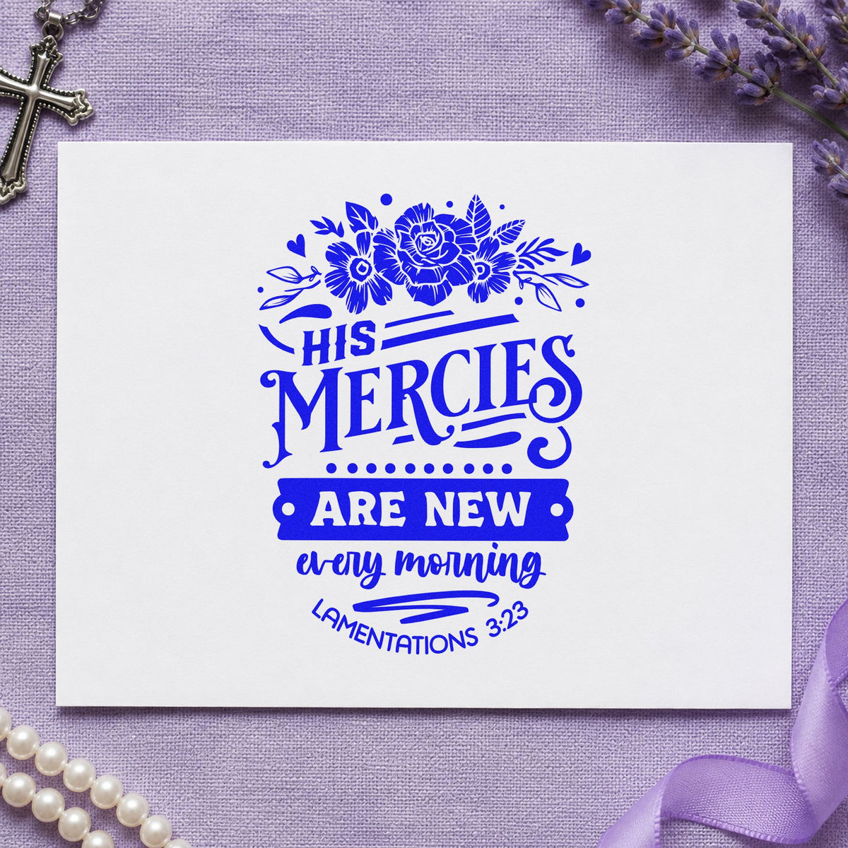 New Mercies Dark Roses craft stamp imprinted in blue ink on paper, a design suited to widow care totes.